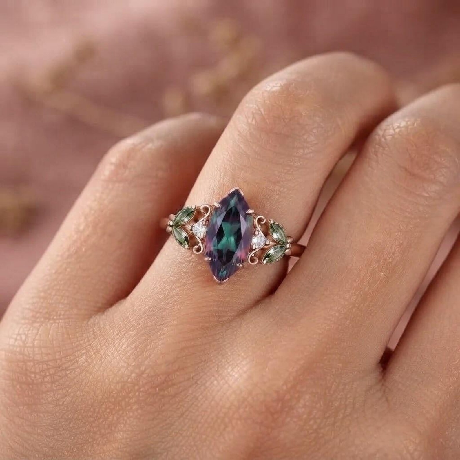 Marquise Alexandrite Engagement Ring, Leaf Side Stone Ring, Color Changing Ring, Rose Gold Botanical Jewelry, Nature Inspired Promise Ring