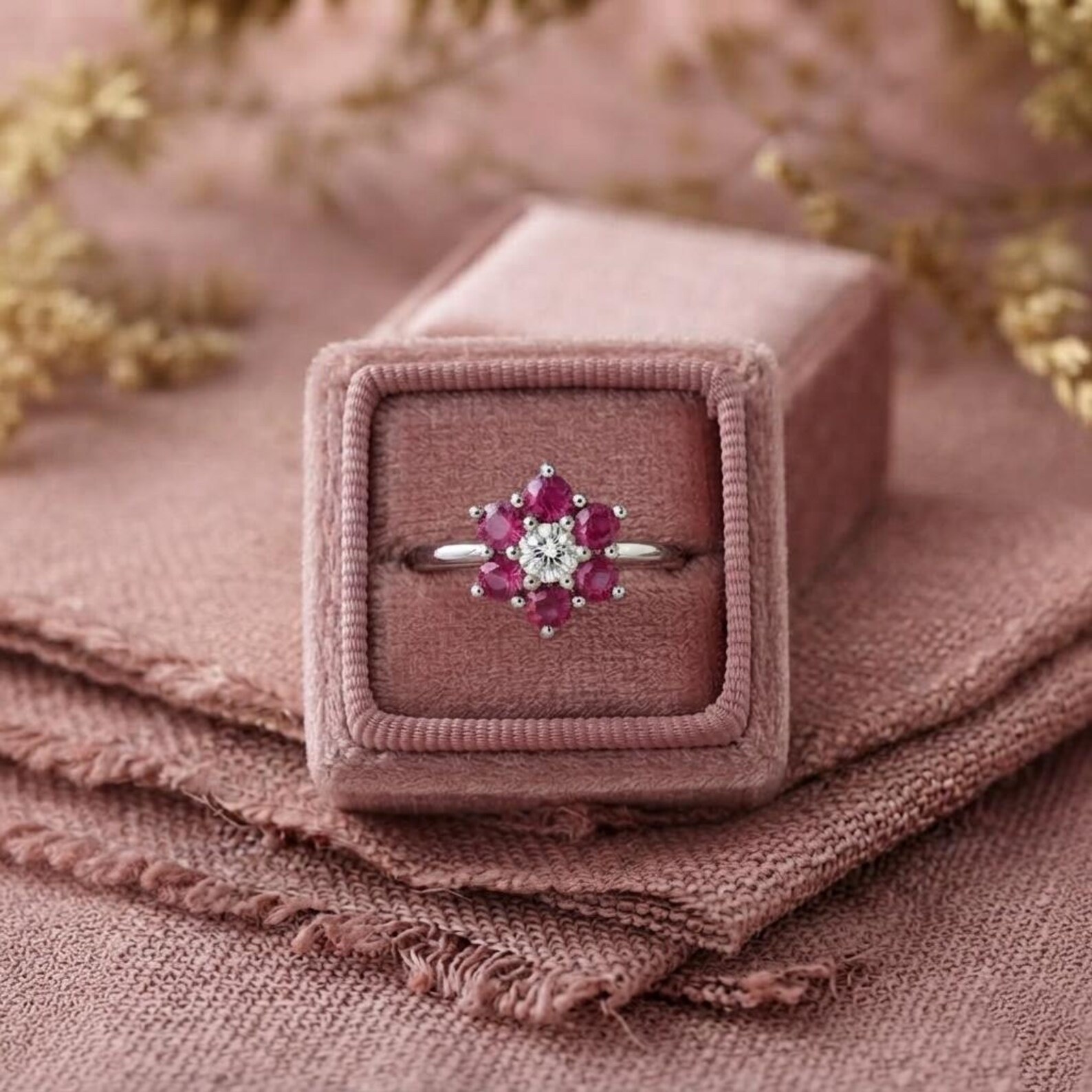 Pink Ruby Engagement Ring, Flower Diamond Cluster Ring, Silver Flower Ring Minimalist Ruby Flower Ring, Lotus Ring, Anniversary Gift For Her