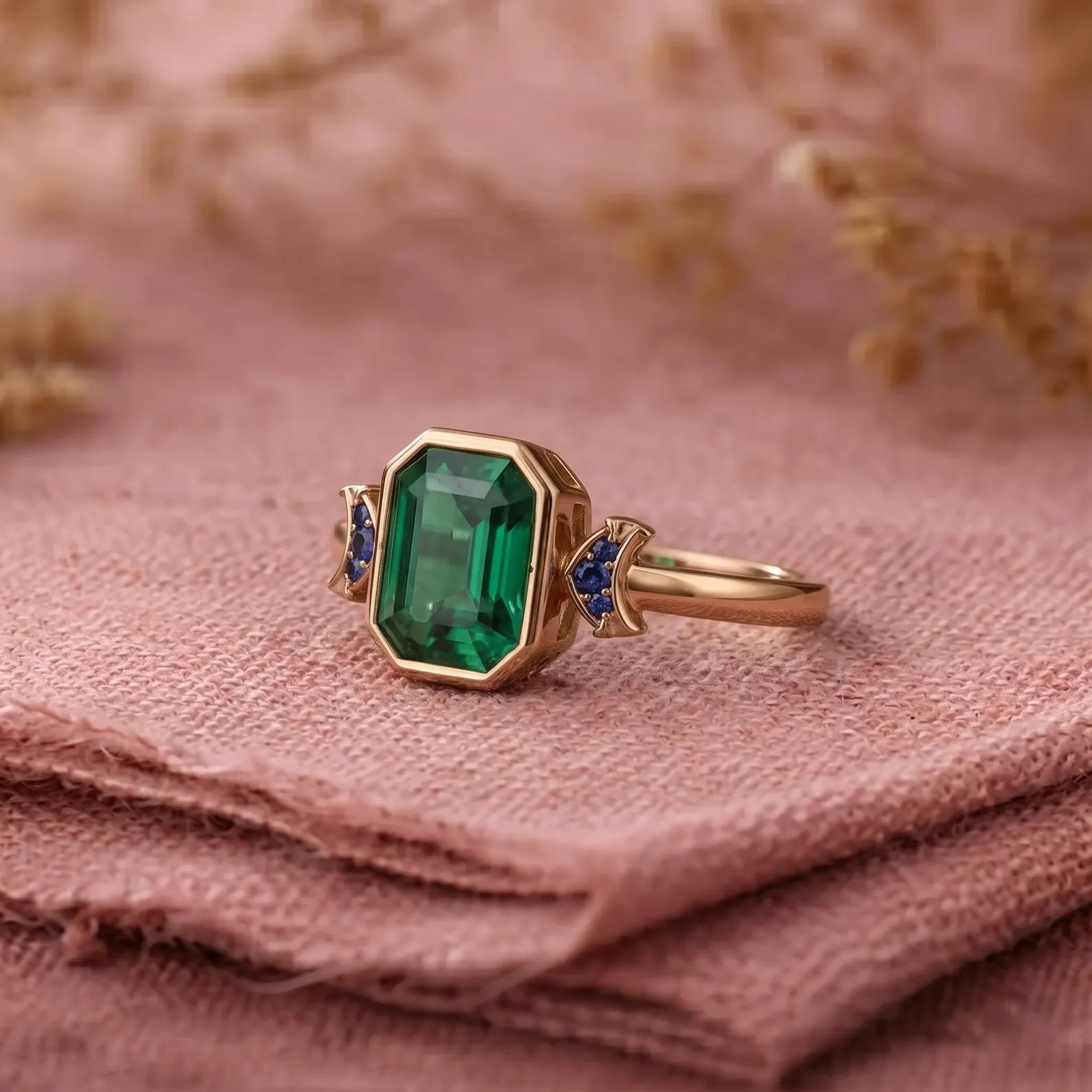 Green Emerald Ring, Green Gemstone Ring, Emerald Cut Engagement Ring, Vintage Ring, Blue Accent Ring, Promise Ring, Anniversary Gift For Her
