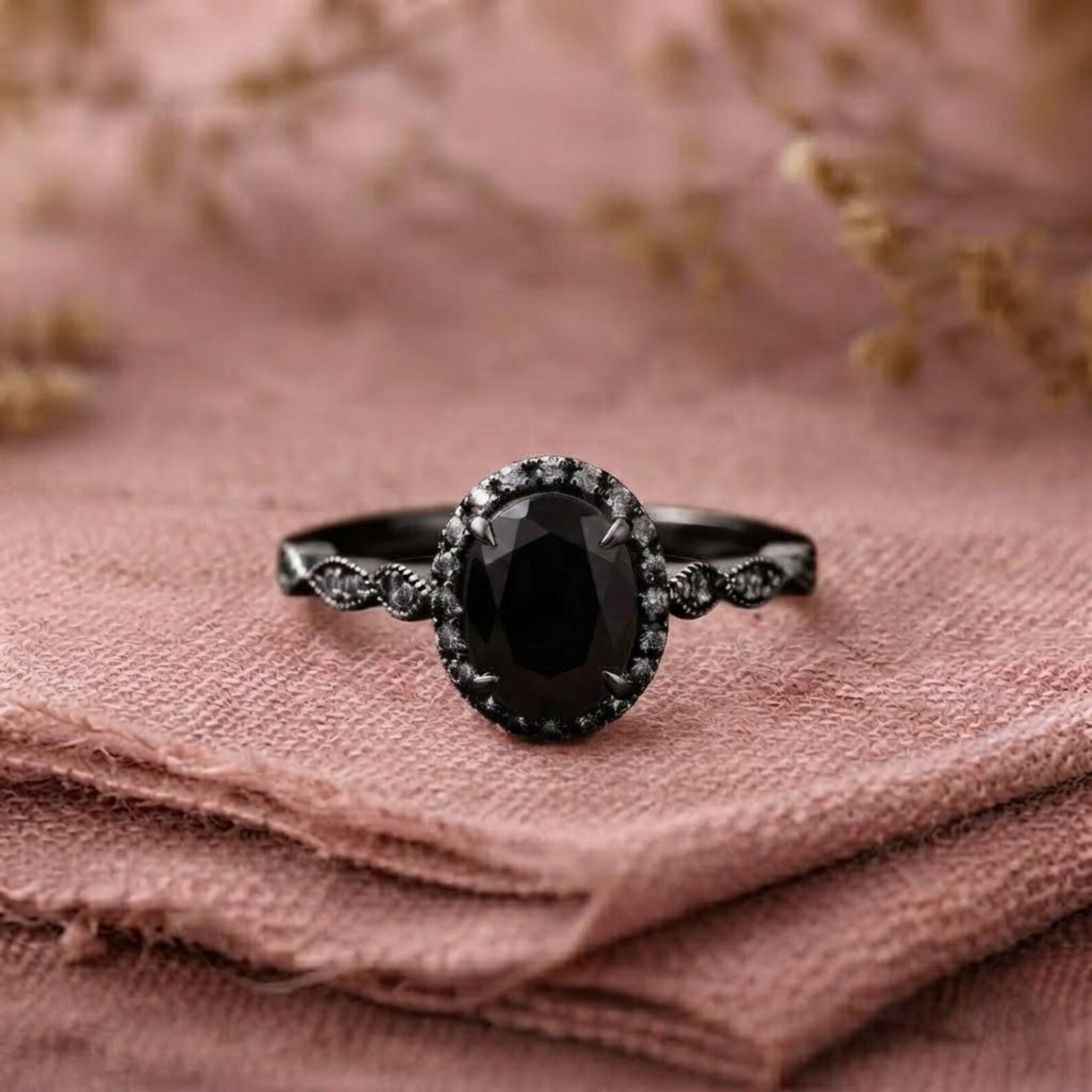 Oval Black Onyx 14k Gold Engagement Ring, Moissanite Halo Cluster Wedding Ring, Black Gemstone Bridal Anniversary Promise Ring For Women