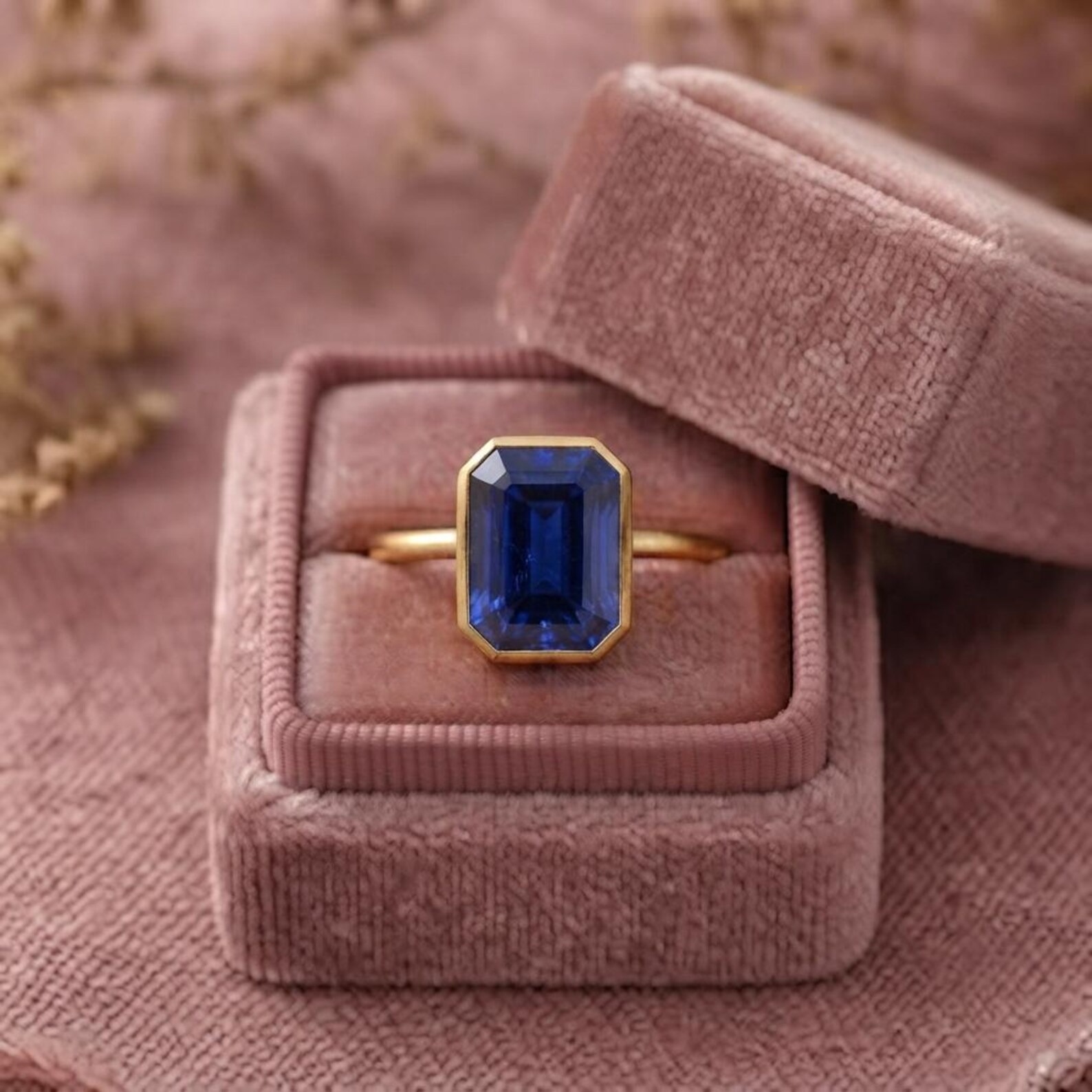 Emerald Cut Blue Sapphire Engagement Ring, Bezel Set Solitaire Ring, 14K Gold Minimalist Wedding Ring, September Birthstone Gift For Her