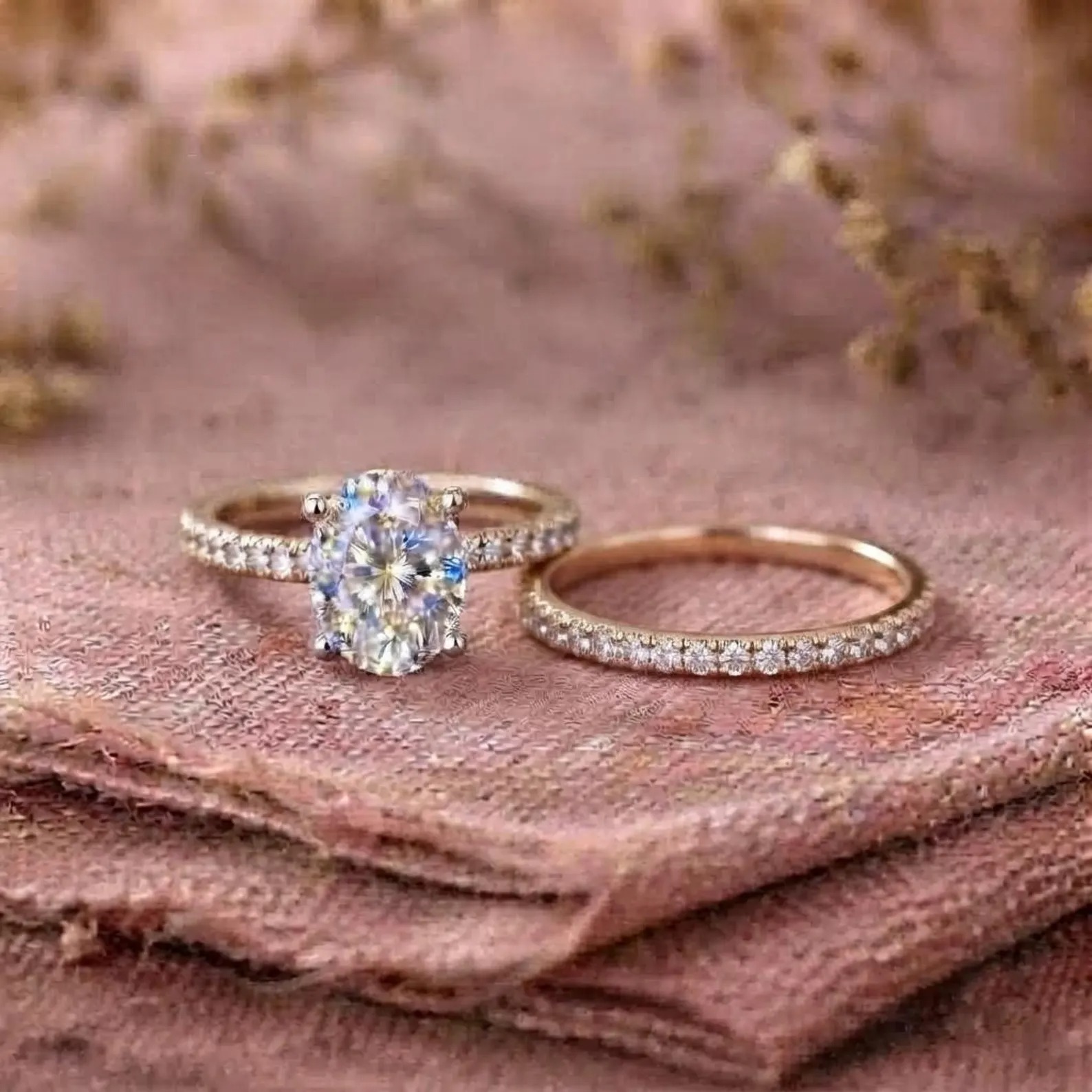 1.5 Ct Oval Cut Moissanite Wedding Ring Set, Moissanite Engagement Ring Set, Vintage Bridal Set, Art Deco Matching Bands, 14k/18k Gold Ring