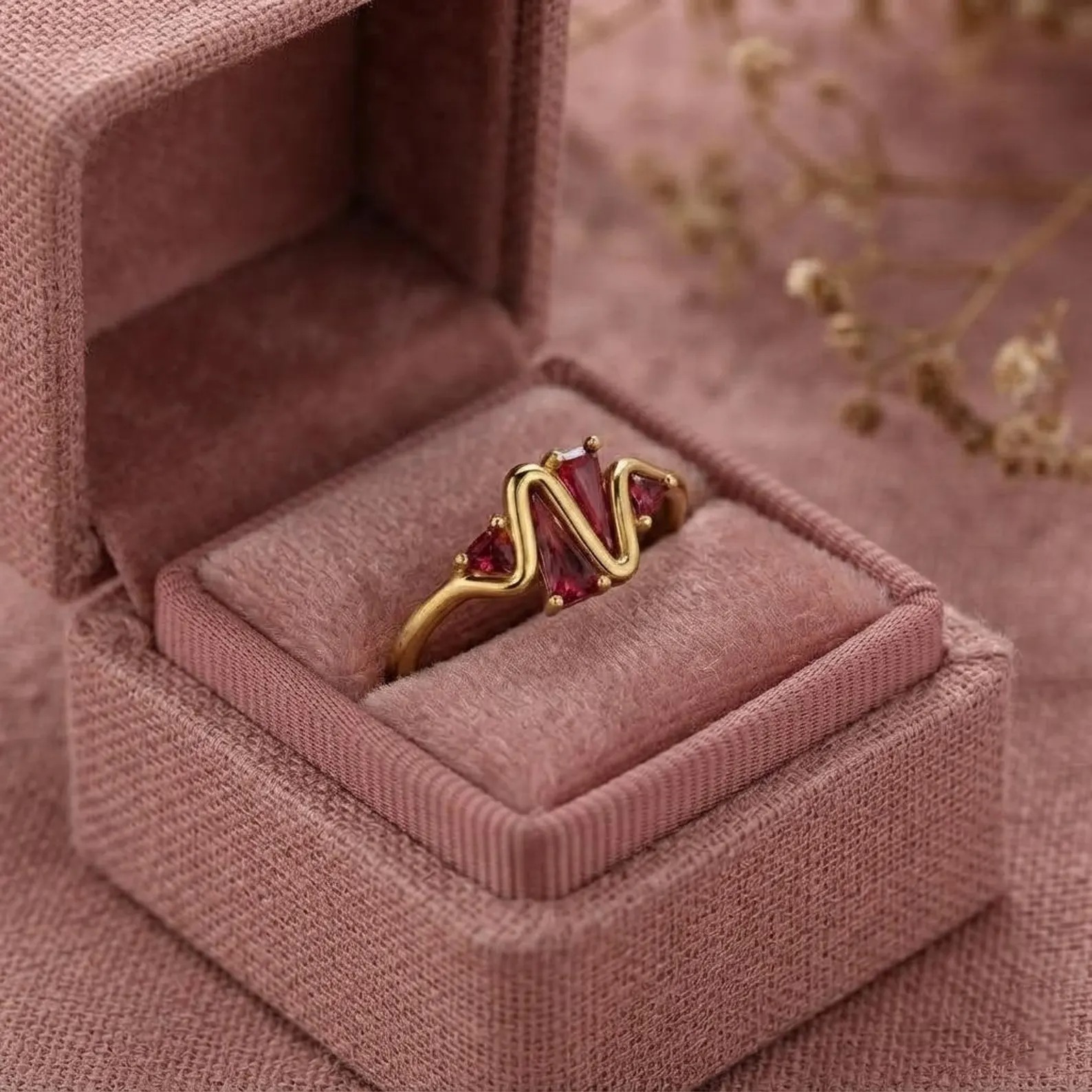 Ruby Trillion Cut Ring, Gold Curved Band, Red Gemstone Ruby Statement Ring, Minimalist Promise Ring, Dainty Women’s Jewelry, Gift for Her