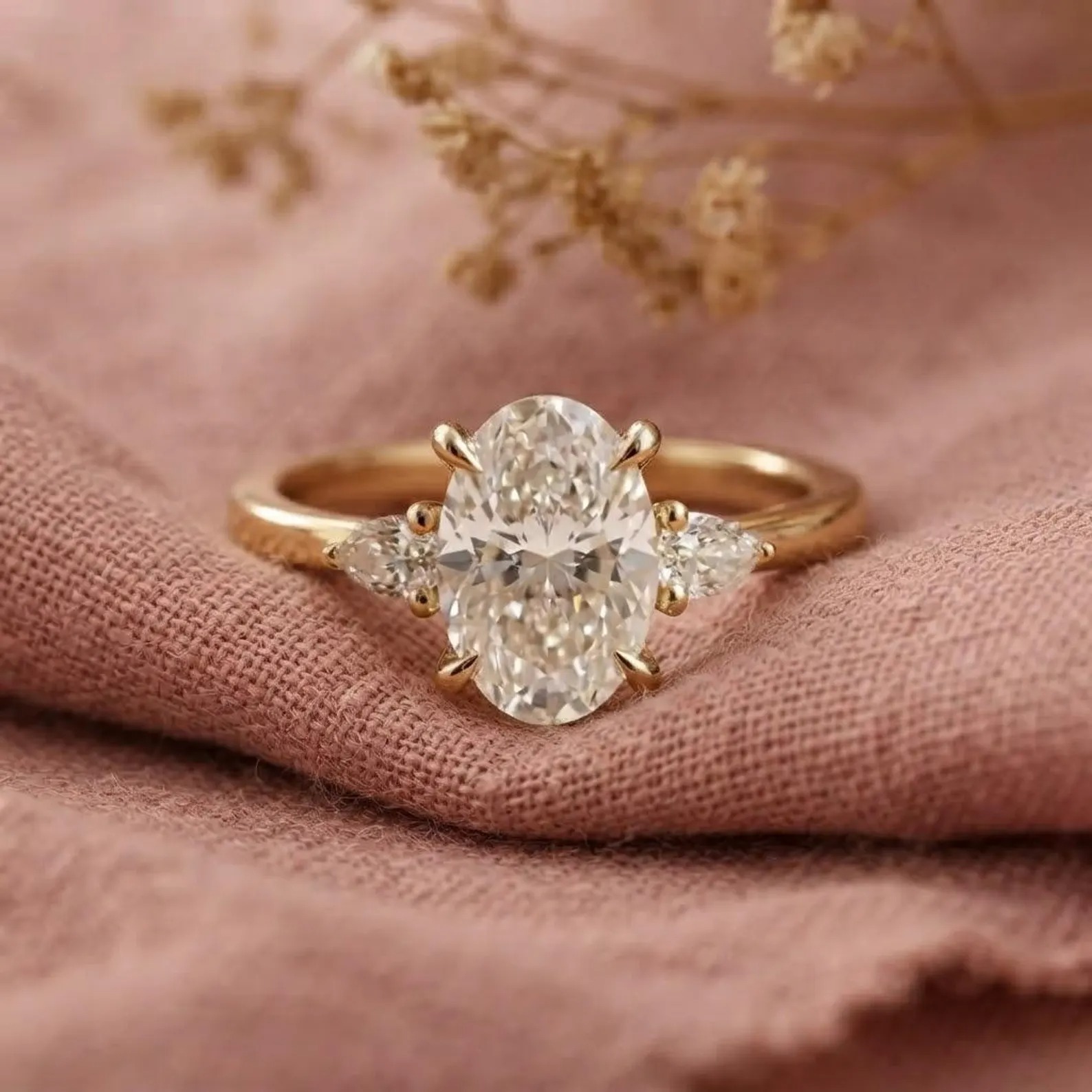 2.5ct Oval Cut Moissanite Ring, Petite Three Stone Engagement Ring, 14K Solid Gold Dainty Minimalist Jewelry, Pear Side Stone Promise Ring