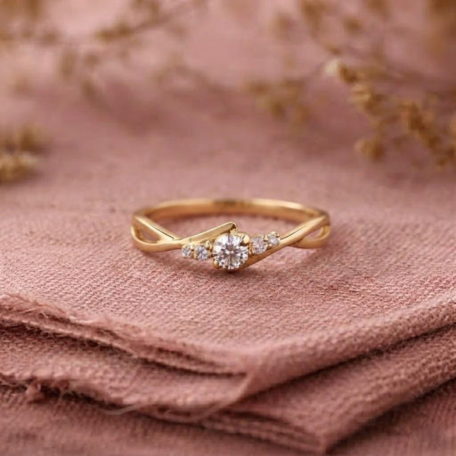 Vintage Round Moissanite Engagement Ring, Unique Pave Twisted Band Ring, Round Moissanite Forever Ring, Anniversary Ring, Promise Ring Gift