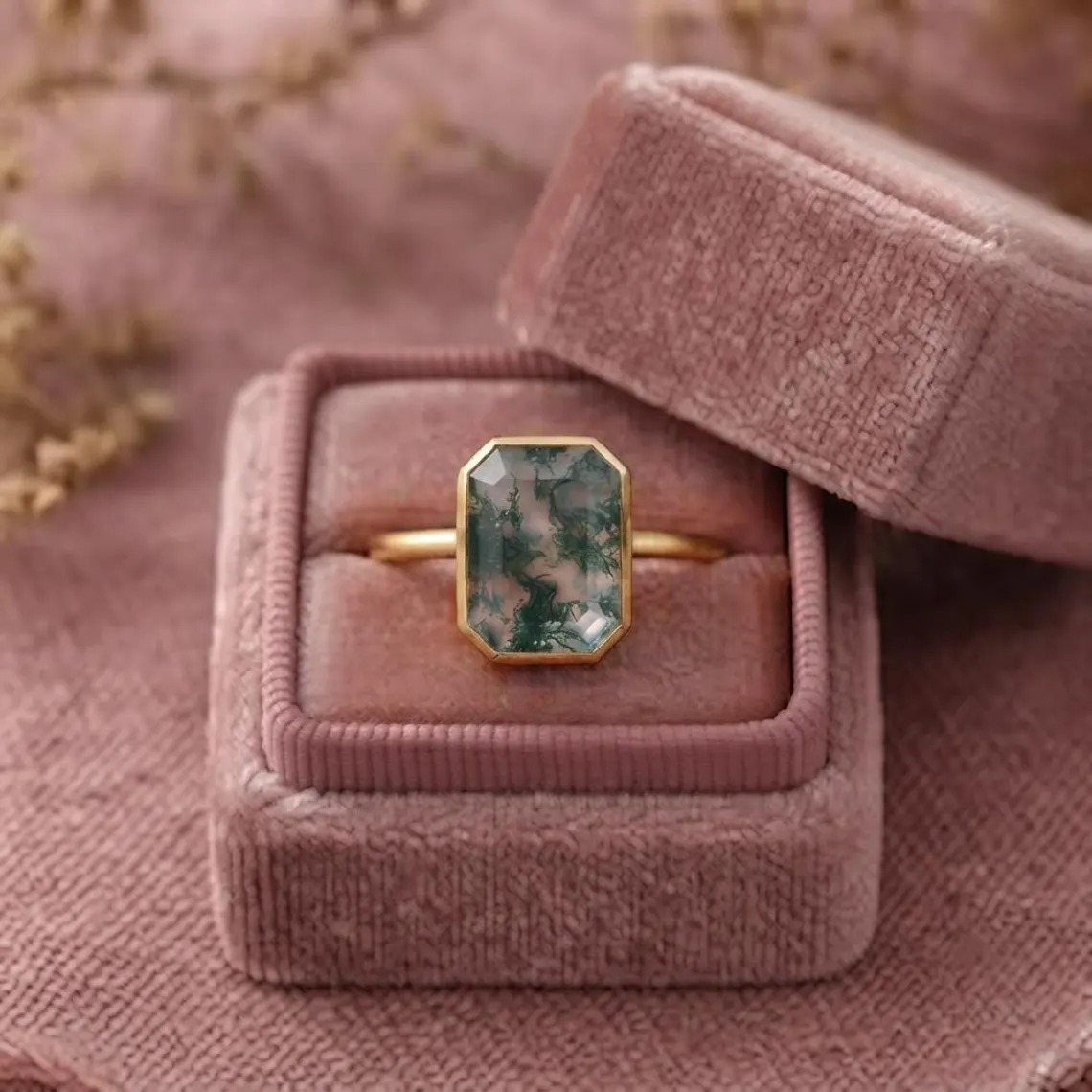 Vintage Bezel Setting Moss Agate Ring, Emerald Cut Solitaire Nature Inspired Ring, June Birthstone Green Ring, Moss Agate Engagement Ring