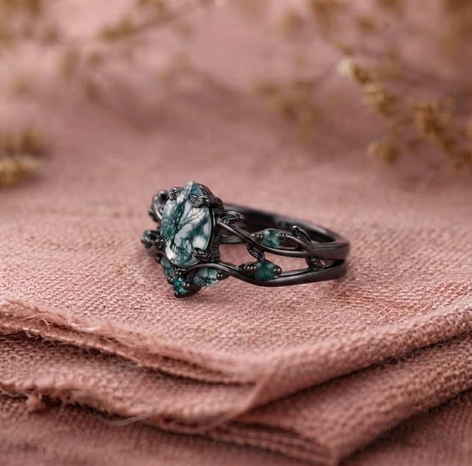 9K Black Gold Natural Green Moss Agate Engagement Ring Set, 1.25ct Twig Vine Pear Moss Agate Emerald Bridal Set, Goth Black Promise Ring Set