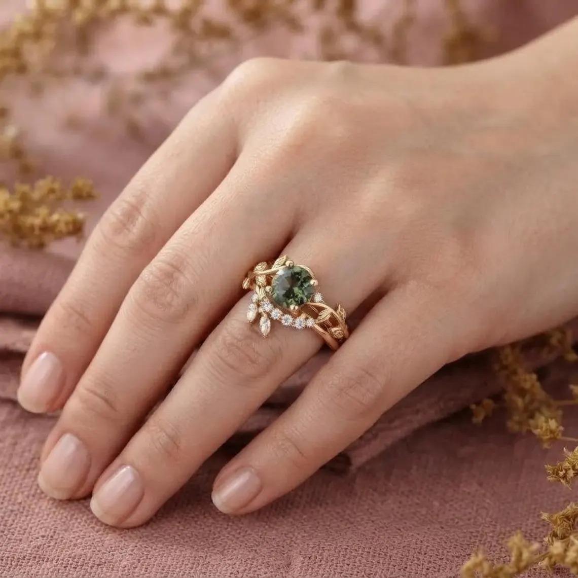 Vintage Green Sapphire Engagement Ring Set 14k Solid Gold Marquise Cut Moissanite Ring Diamond Leaf Ring Bridal Set Promise Anniversary Ring