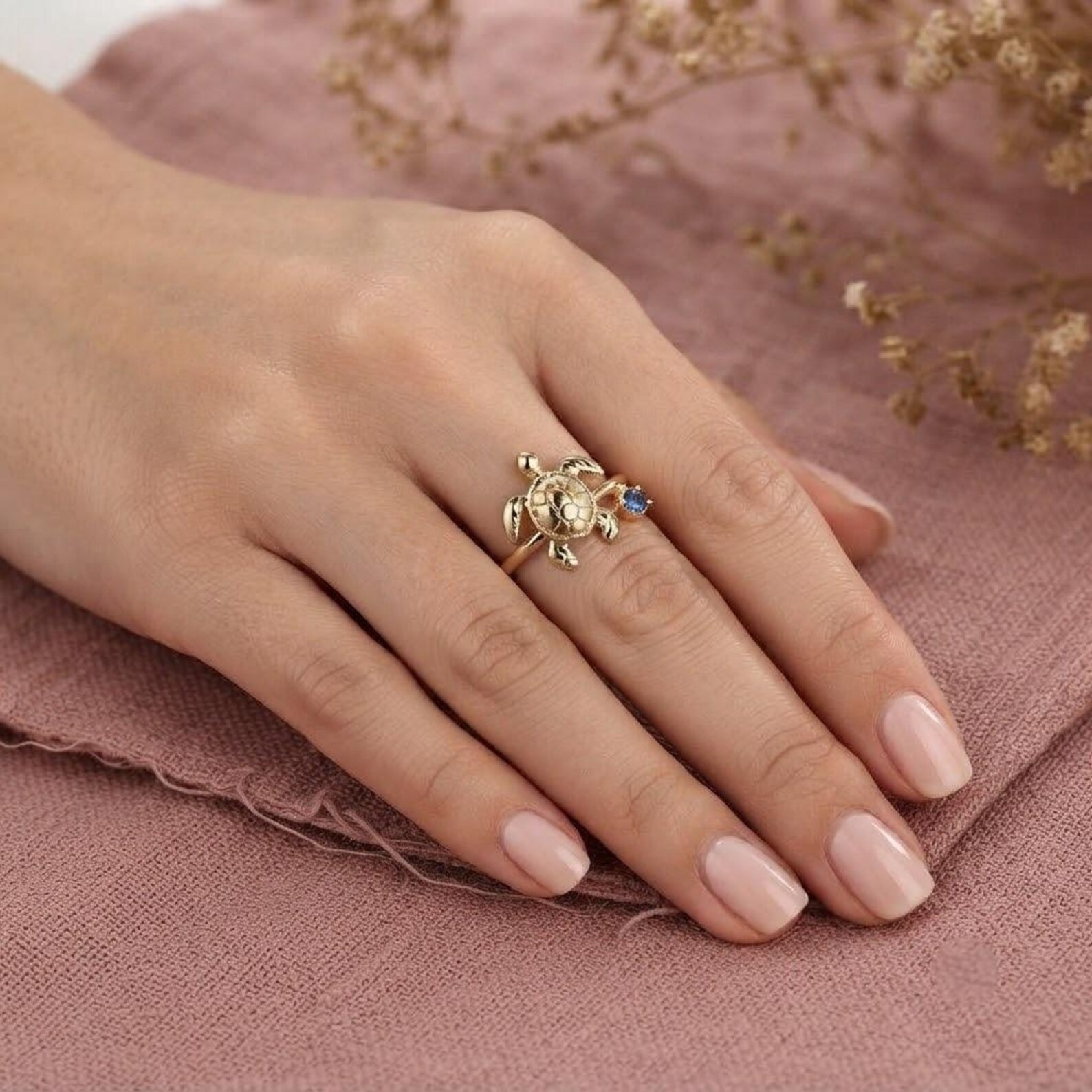 14k Gold Turtle Ring, Solid Gold Tortoise Ring, Dainty Blue Gemstone Ring, Dainty Beach Ring, Minimalist Animal Ring, Nature Jewelry for Her