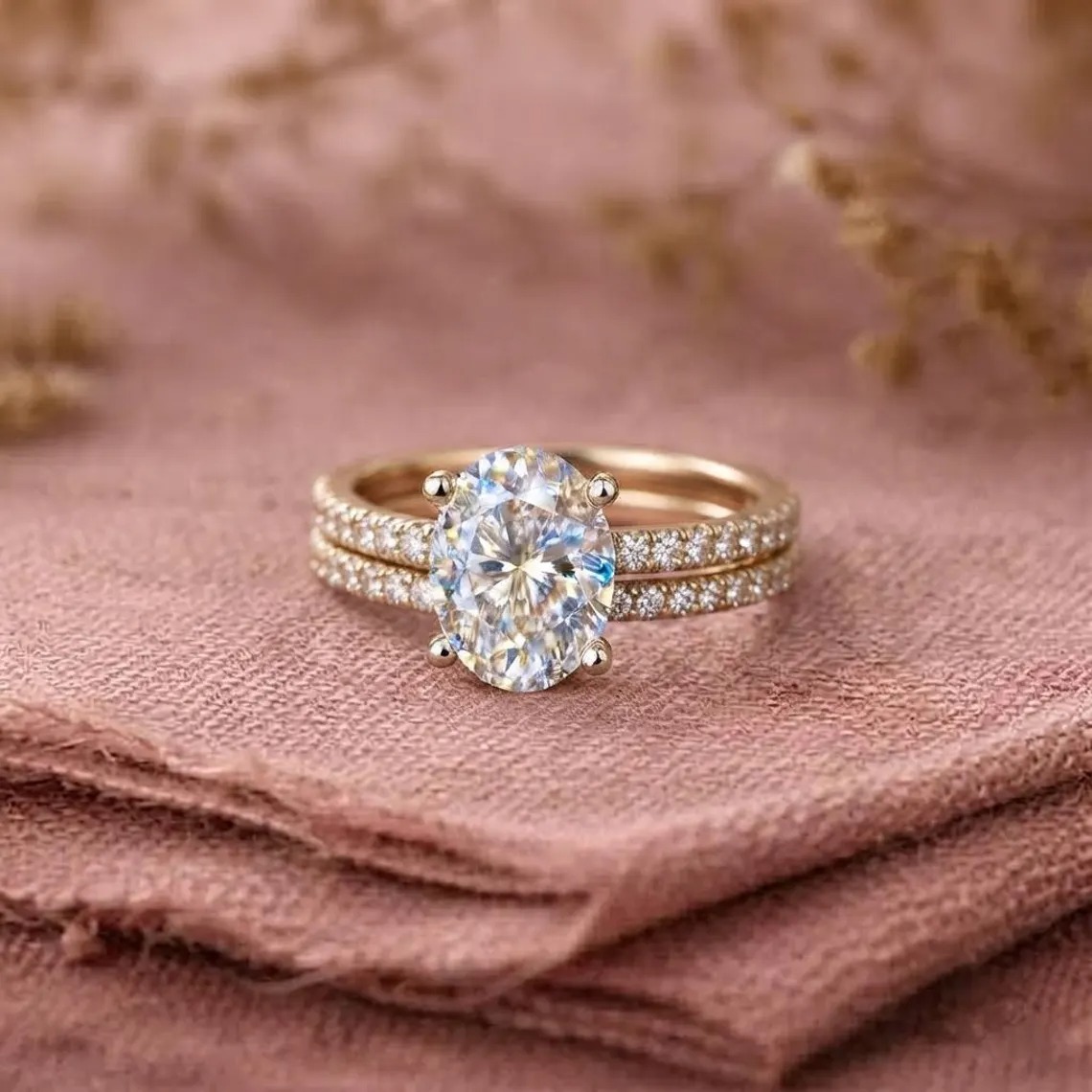 1.5 Ct Oval Cut Moissanite Wedding Ring Set, Moissanite Engagement Ring Set, Vintage Bridal Set, Art Deco Matching Bands, 14k/18k Gold Ring