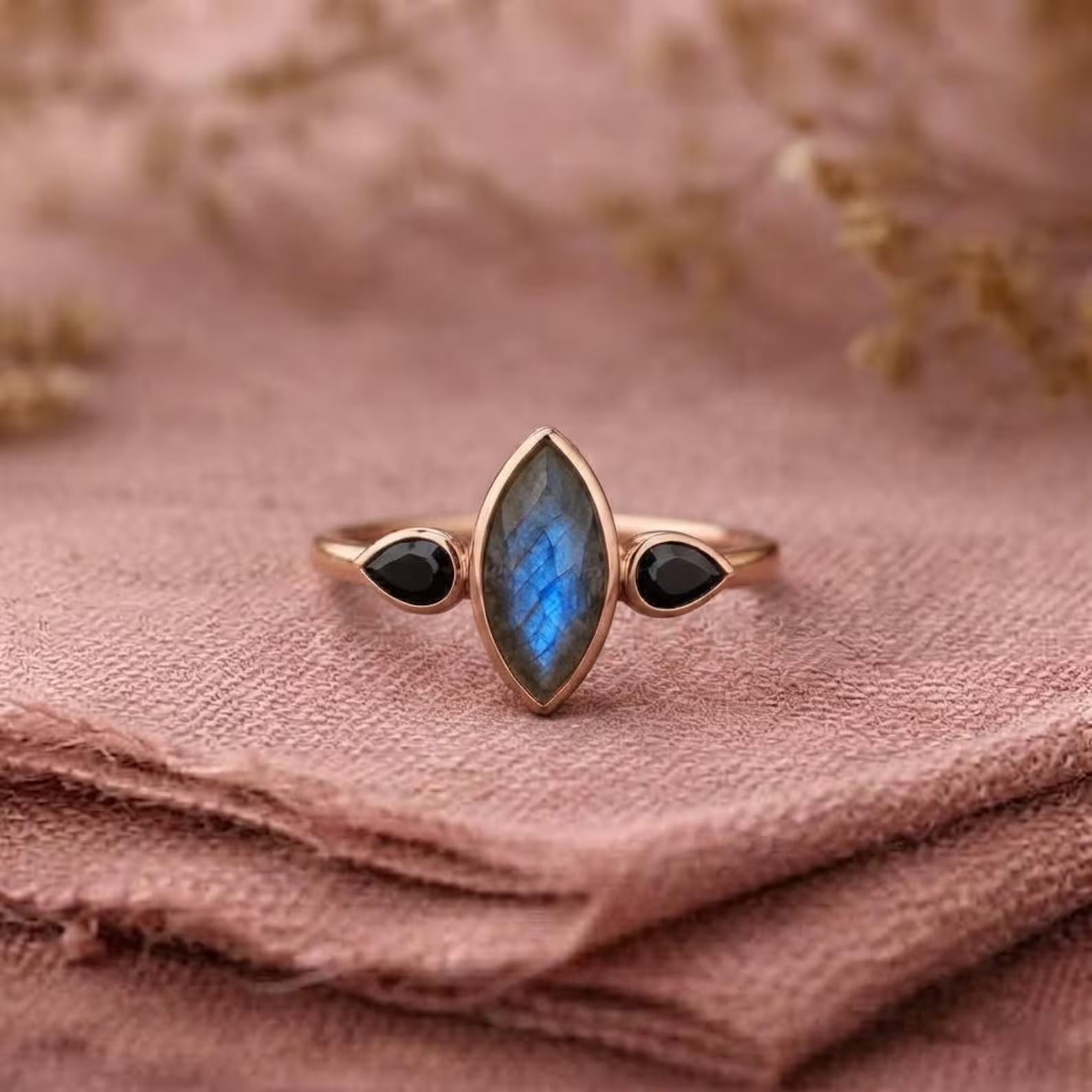 Marquise Cut Labradorite Ring, 14K Rose Gold Nature Inspired Engagement Ring, Pear Black Onyx Cluster Promise Ring, Unique Minimalist Ring