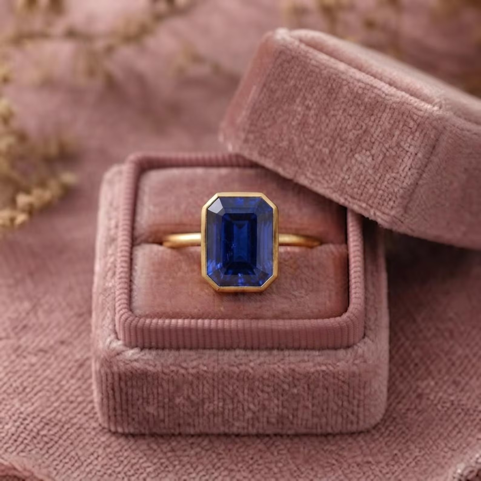 Emerald Cut Blue Sapphire Engagement Ring, Bezel Set Solitaire Ring, 14K Gold Minimalist Wedding Ring, September Birthstone Gift For Her
