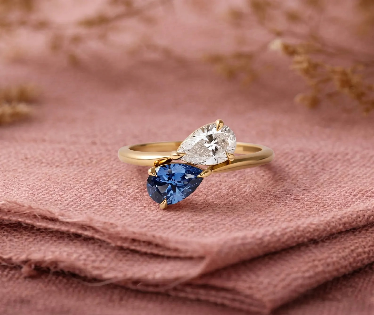 Toi et Moi Moissanite And Sapphire Engagement Ring, Cluster Two Stone Pear Cut Gemstone Wedding Ring, Vintage Anniversary Gift, Ring For Her