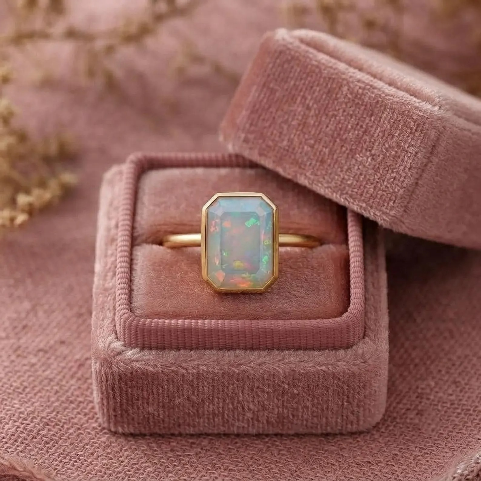 Emerald Cut Opal Engagement Ring, Natural Ethiopian Opal Bezel Ring, Anniversary Gift For Her, White Opal October Birthstone Bridal Ring