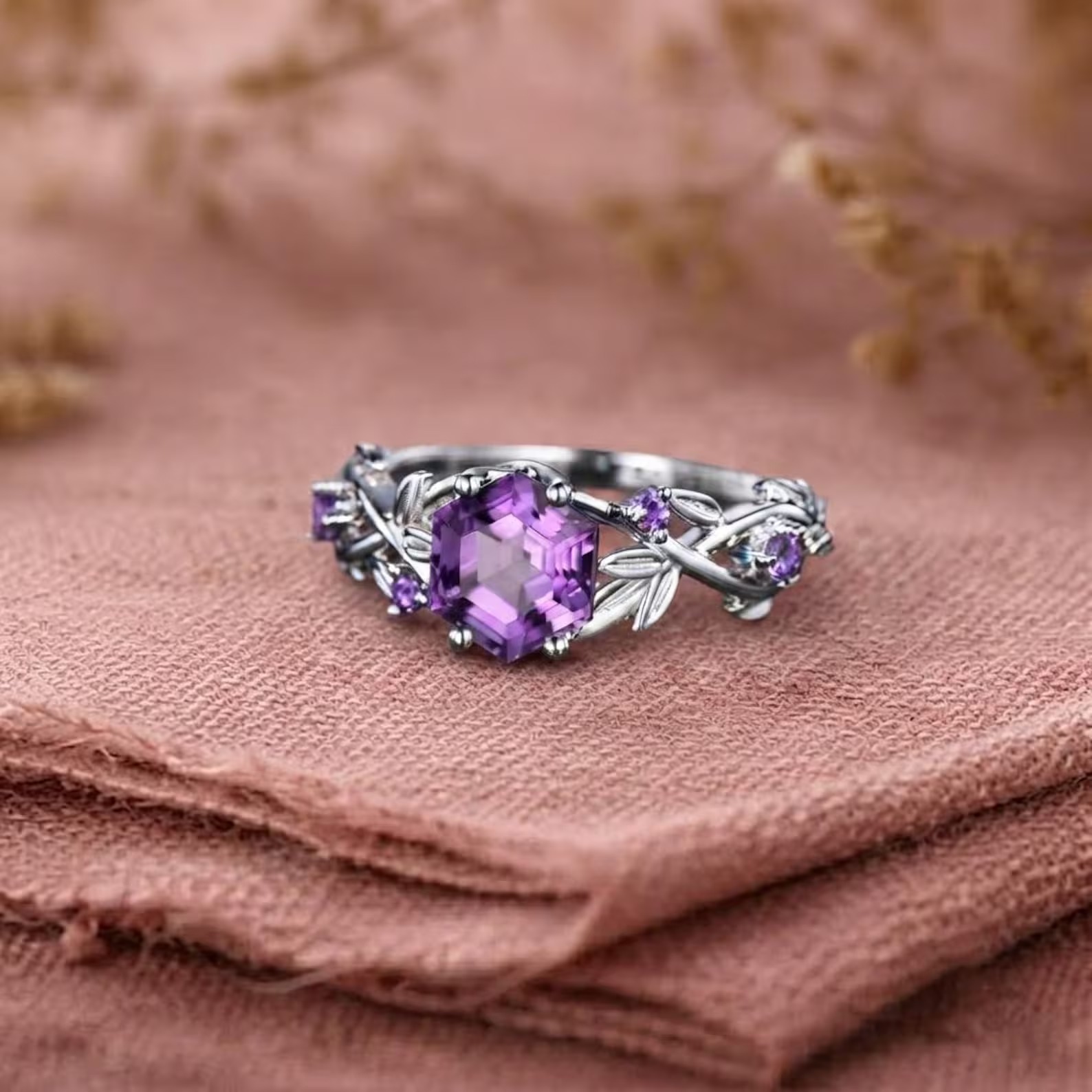 Vintage Hexagon Amethyst Engagement Ring, Unique Leaf Promise Ring, Purple Gemstone Ring, 14K Rose Gold Amethyst Wedding Ring, Gift For Her