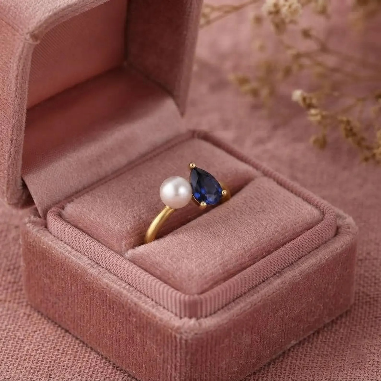 Toi et Moi Pearl And Sapphire Engagement Ring, Cluster Round & Pear Cut Two Stone Wedding Ring, Vintage Prong Set Anniversary Ring For Her
