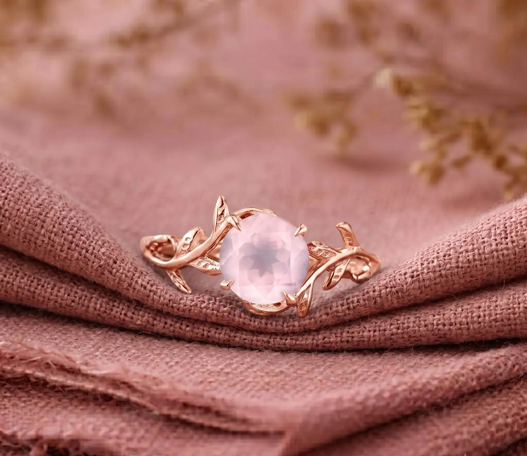 Round Cut Natural Rose Quartz Ring, Rose Gold Leaf Engagement Ring, Pink Gemstone Solitaire Ring, Healing Stone Promise Gift