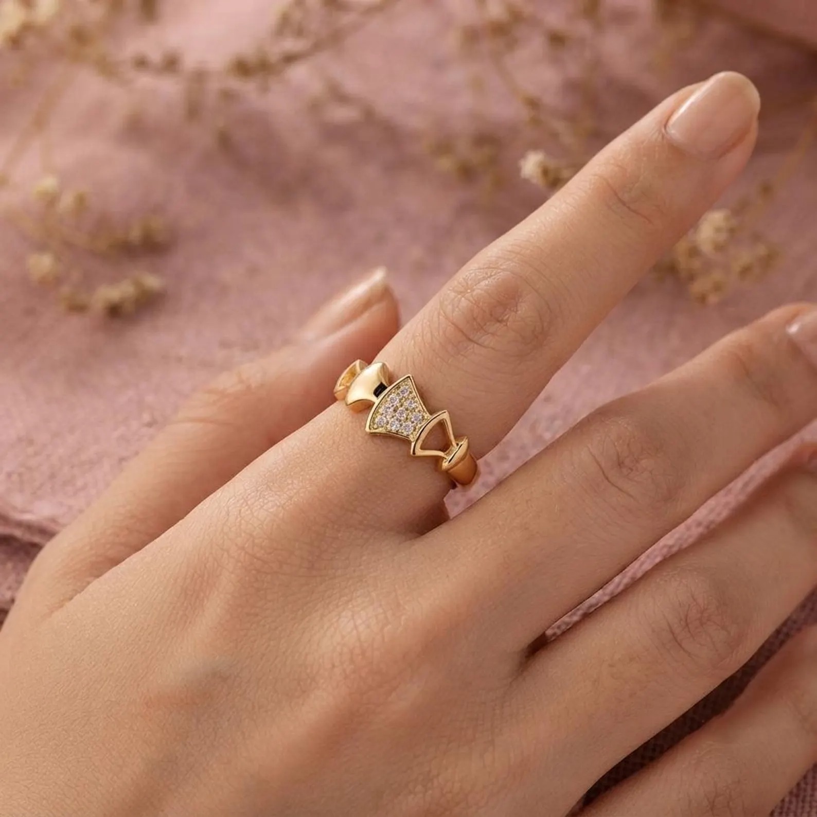 Gold Bow Ring, Pavé Moissanite Statement Ring, Unique Gold Engagement Ring Dainty Ribbon Ring, Feminine Bridal Jewelry, Diamond Gift For Her