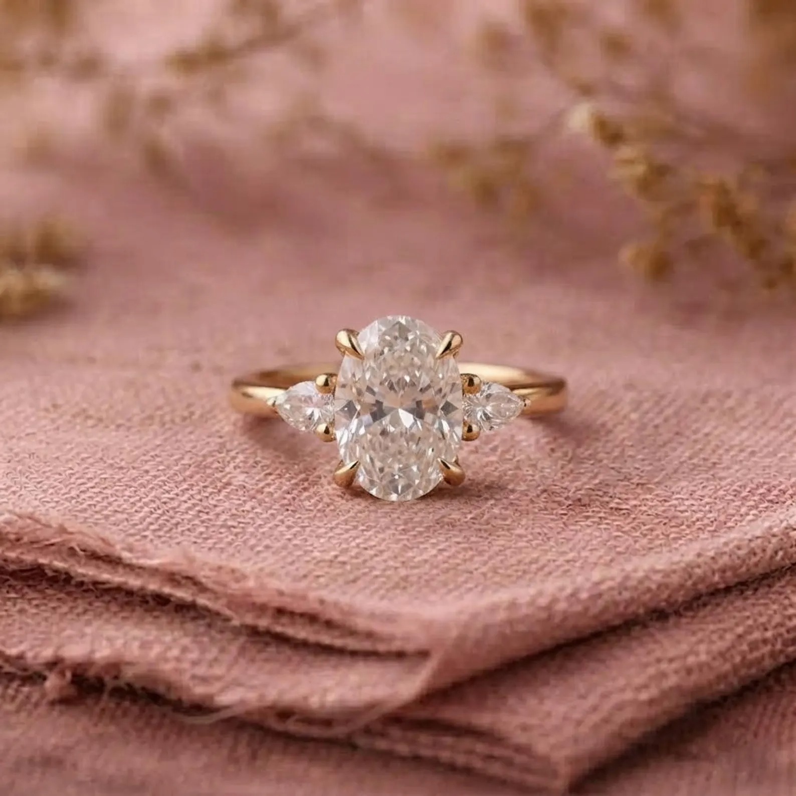 2.5ct Oval Cut Moissanite Ring, Petite Three Stone Engagement Ring, 14K Solid Gold Dainty Minimalist Jewelry, Pear Side Stone Promise Ring