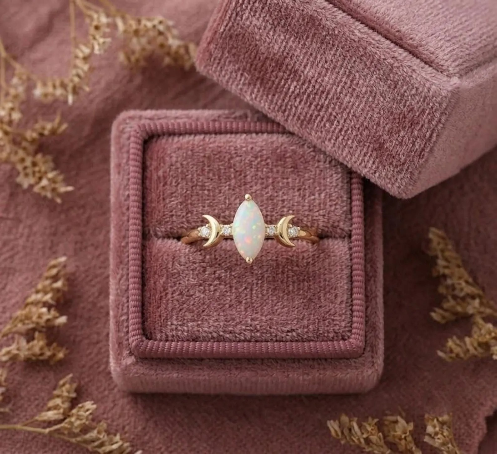 Marquise Opal Engagement Ring, 925 Sterling Silver Ring, October Birthstone Ring, Vintage Half Moon Unique Ring, Diamond Cluster Gift Ring