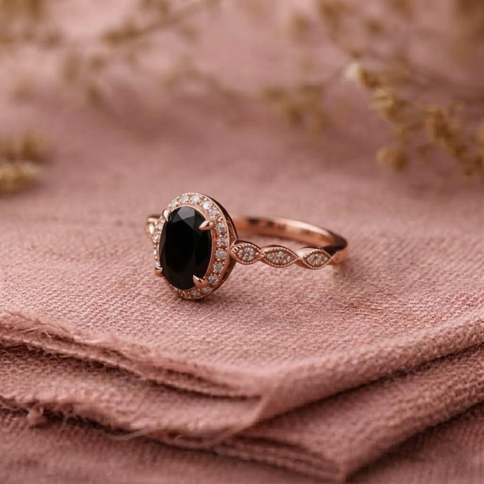 Oval Black Onyx 14k Gold Engagement Ring, Moissanite Halo Cluster Wedding Ring, Black Gemstone Bridal Anniversary Promise Ring For Women