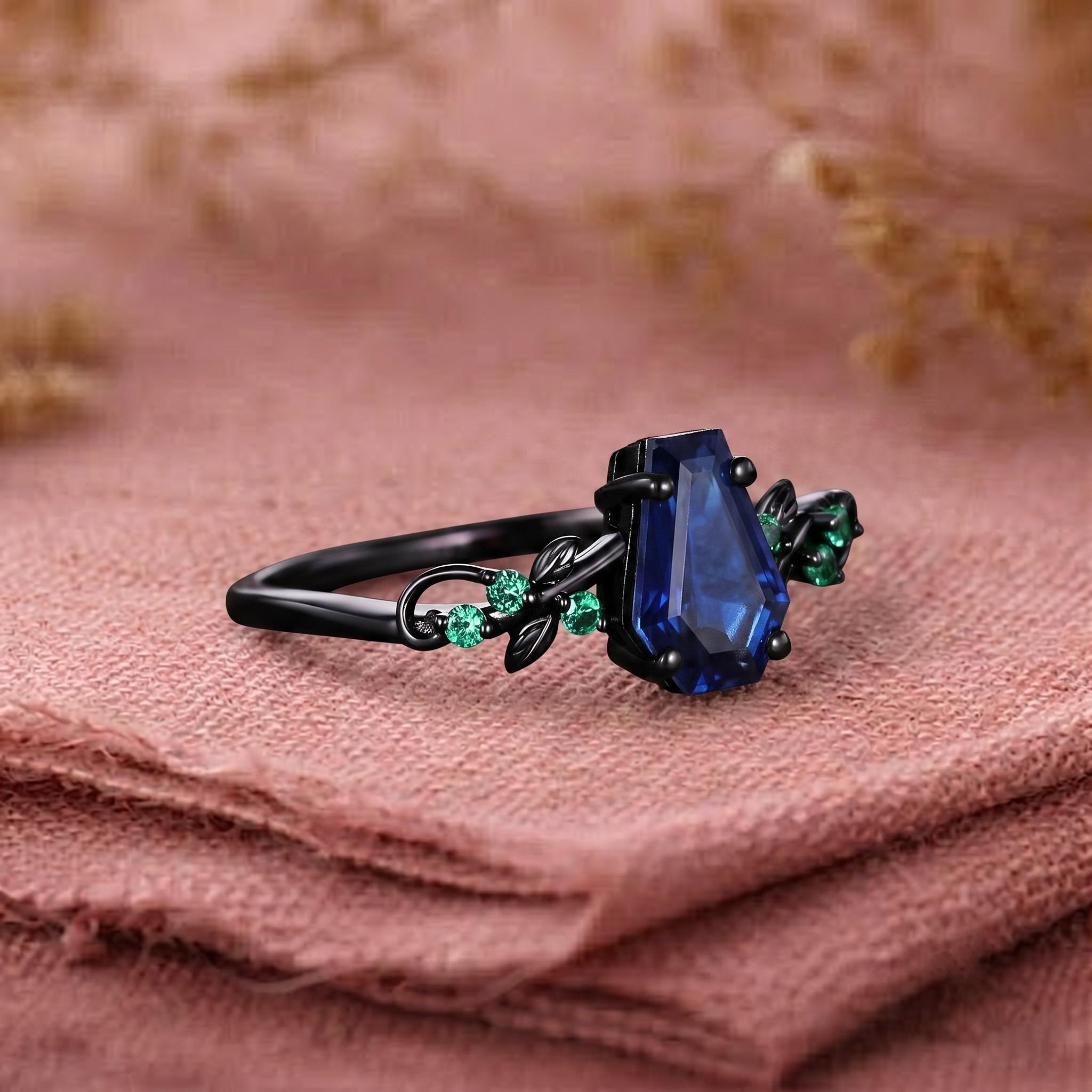 Blue Sapphire Coffin Ring, Black Gold Engagement Ring, Gothic Leaf Wedding Ring, Nature Inspired Promise Ring, Alternative Bridal Jewelry