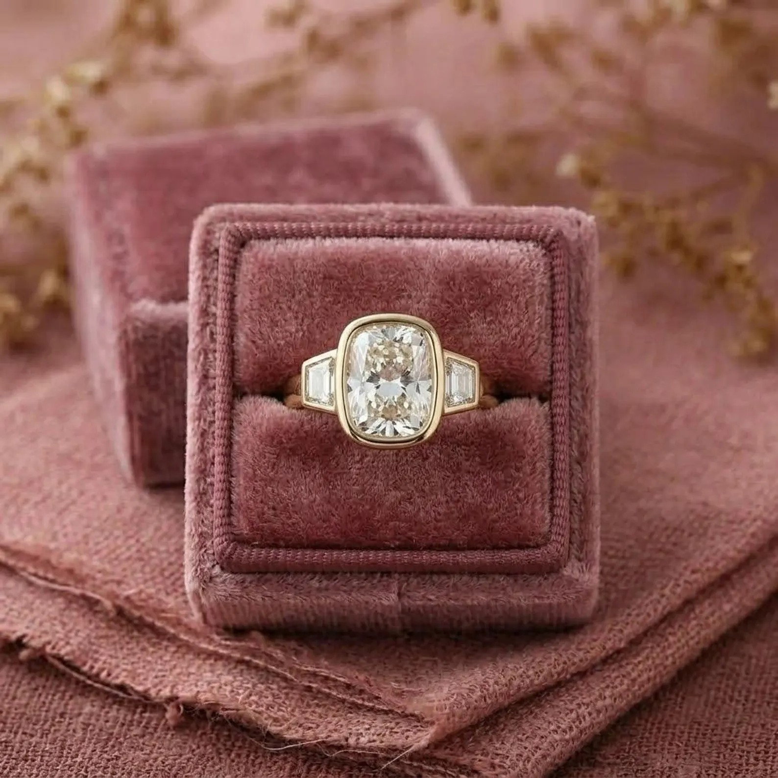 Cushion Cut Moissanite Engagement Ring, Elongated Cushion Diamond Bezel Set Ring, Colorless Gemstone Stacking Ring, Baguette Ring For Women