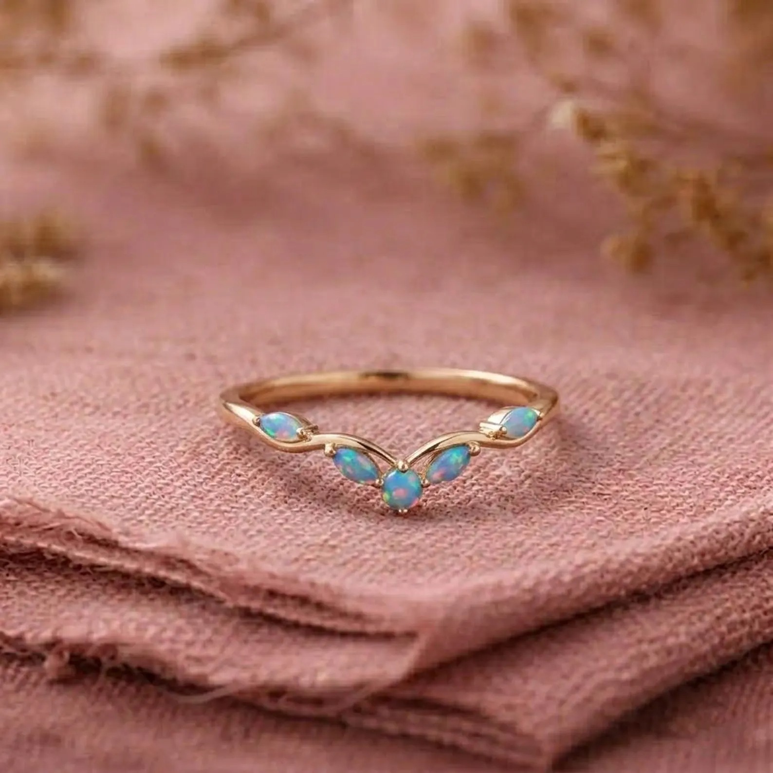 Vintage Curved Opal Wedding Band, 9k Rose Gold Art Deco Stacking Band, Women Birthstone Anniversary Gift Ring, Marquise Cut Dainty Opal Ring