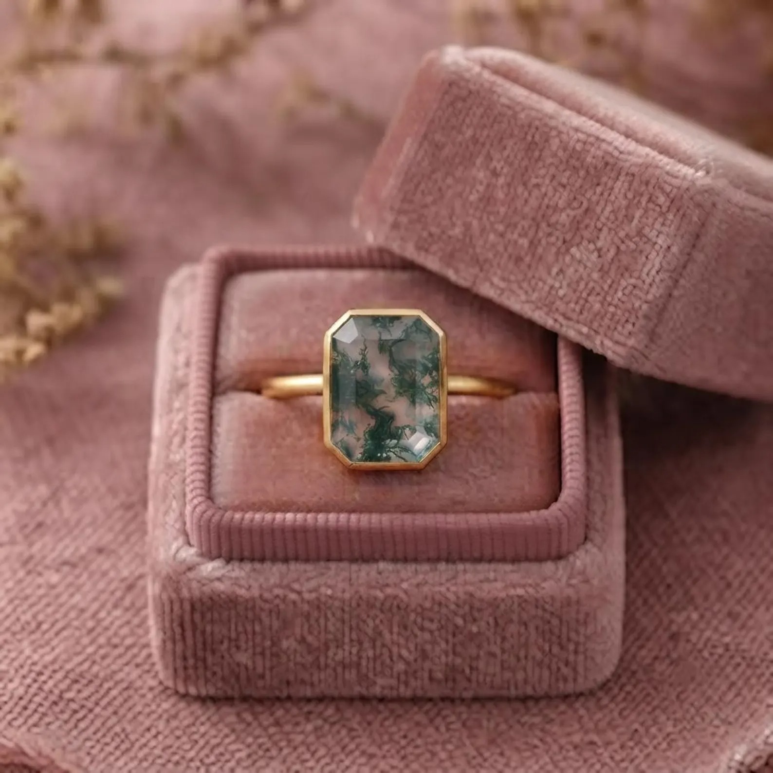 Vintage Bezel Setting Moss Agate Ring, Emerald Cut Solitaire Nature Inspired Ring, June Birthstone Green Ring, Moss Agate Engagement Ring