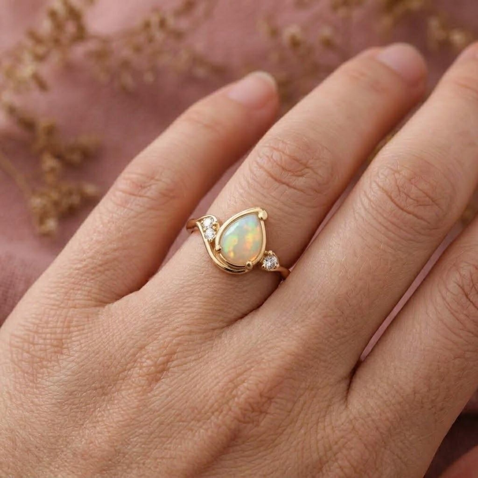 Gold Opal Ring, Pear Dainty Opal Engagement Ring, Vintage Diamond Cluster Ring, October Birthstone Ring, Christmas Gift, Rings for Women