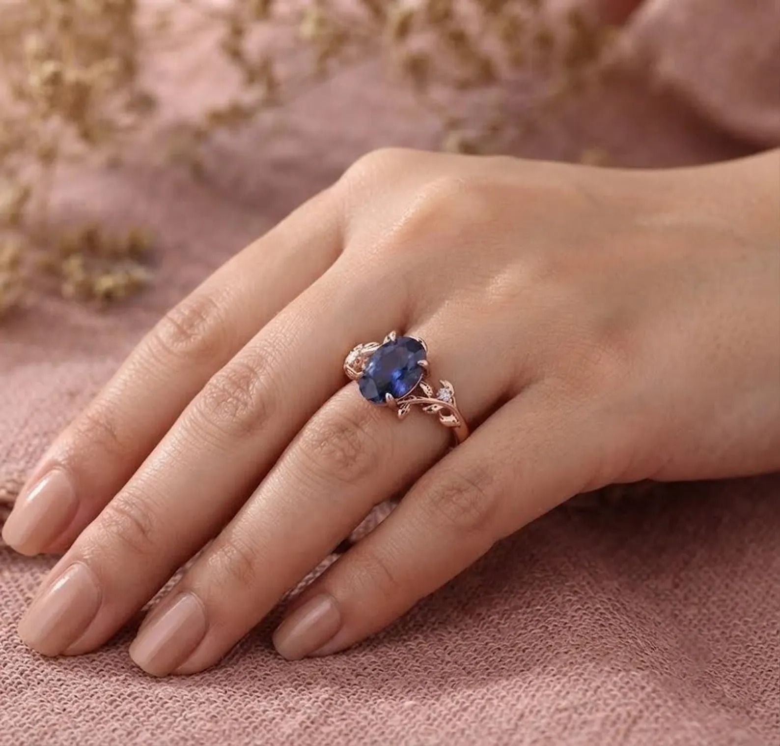 18K Black Gold Oval Cut Blue Sapphire Ring for Wife, Nature Inspired Leaf Ring, Anniversary Gift, Leaf Branch Ring, Vintage Diamond Cluster