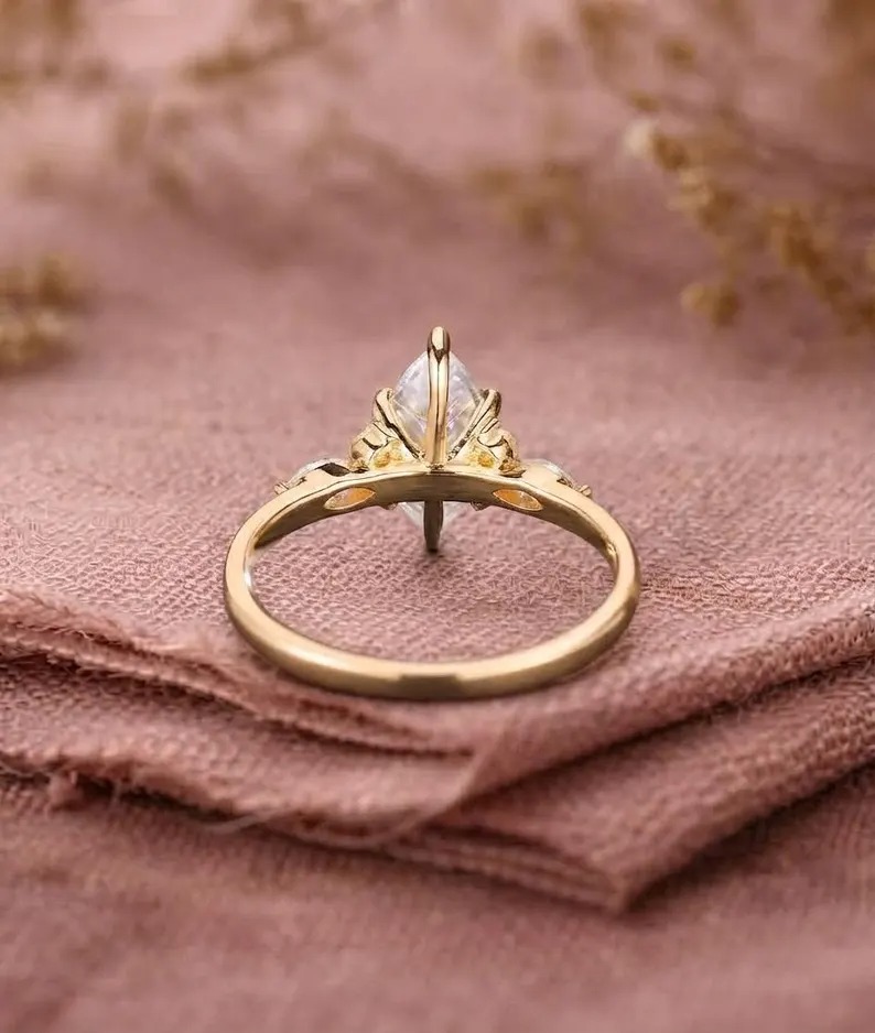 Vintage Marquise Cut Moissanite Engagement Ring Women's Diamond Wedding Ring with Side Stone Delicate 14k Solid Gold Diamond Promise Ring