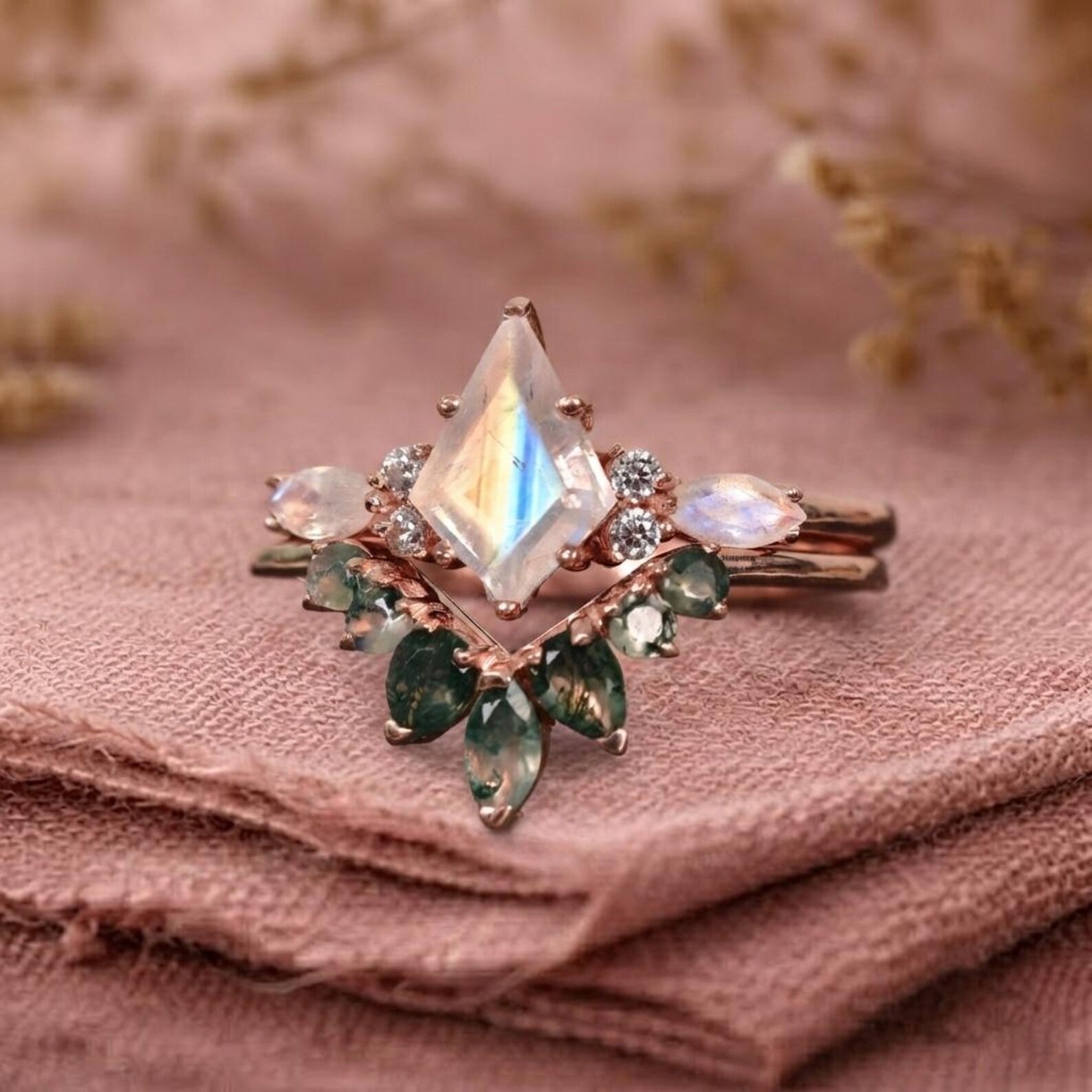 Skye Kite Moonstone Ring Set, Moss Agate & Moonstone Engagement Ring Set, Marquise Cut Moonstone Ring, Promise Ring, June Birthstone Ring