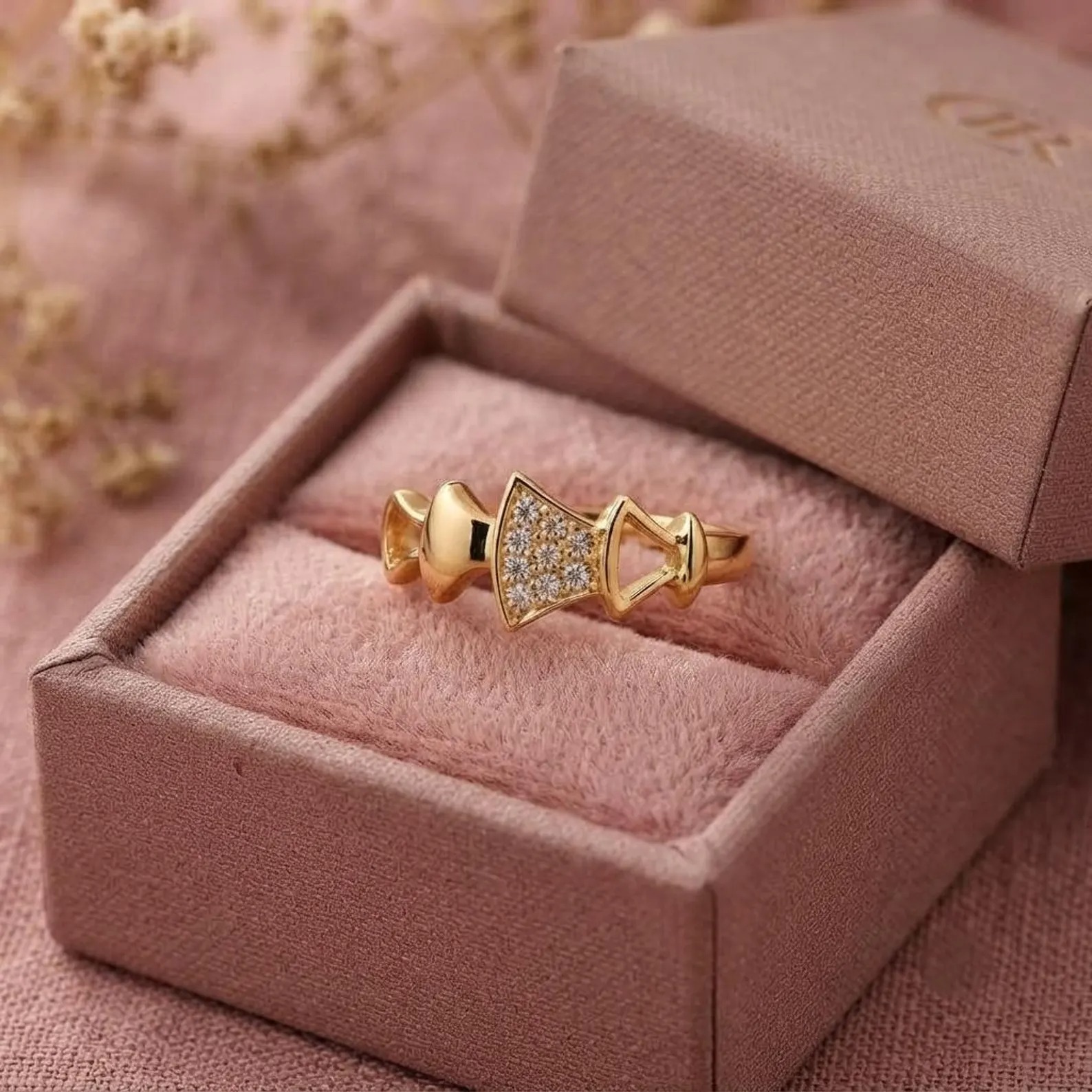 Gold Bow Ring, Pavé Moissanite Statement Ring, Unique Gold Engagement Ring Dainty Ribbon Ring, Feminine Bridal Jewelry, Diamond Gift For Her