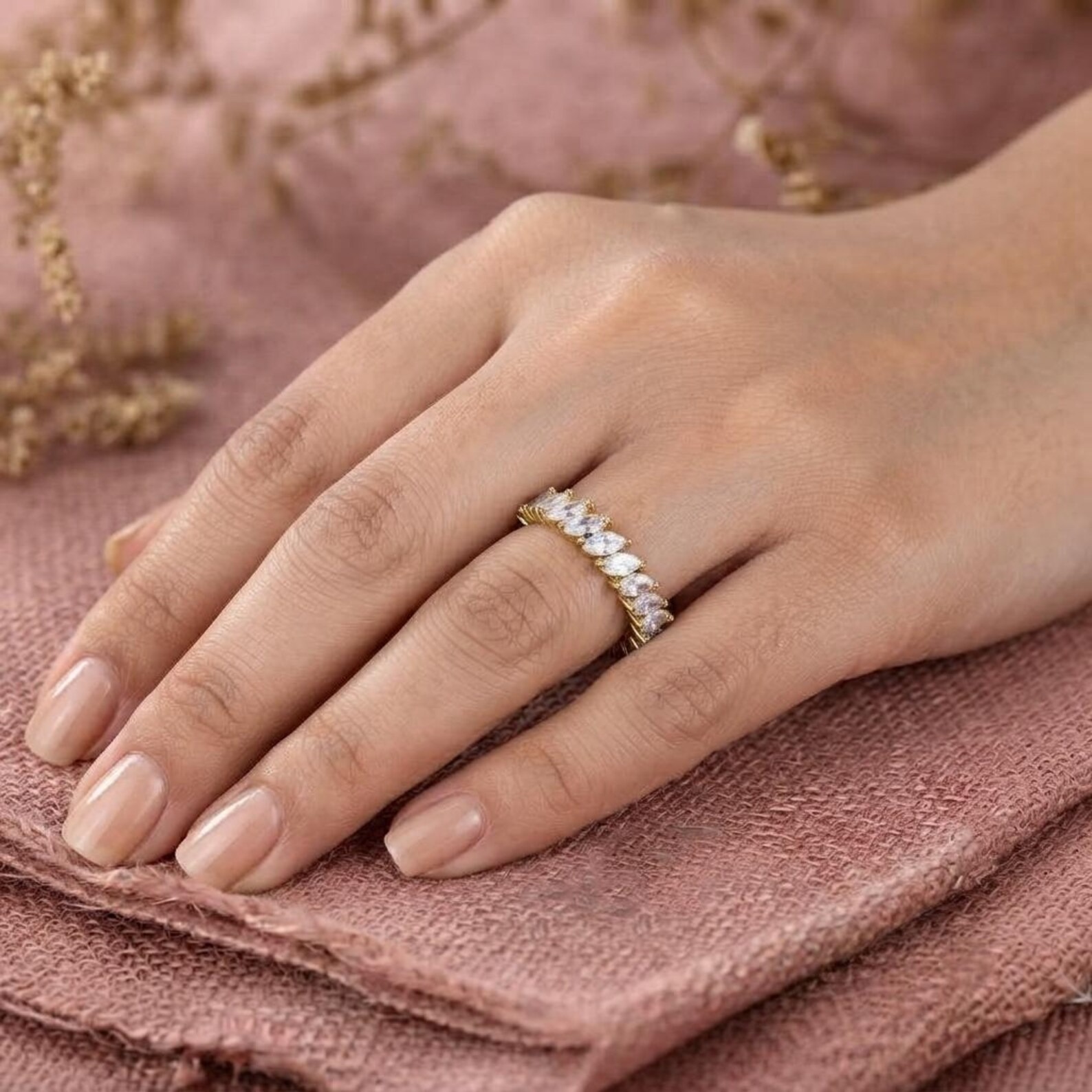 Vintage Moissanite Marquise Cut Wedding Band, 14k Yellow Gold Engagement Band, Women Full Eternity Band Promise Ring. Anniversary Band Ring