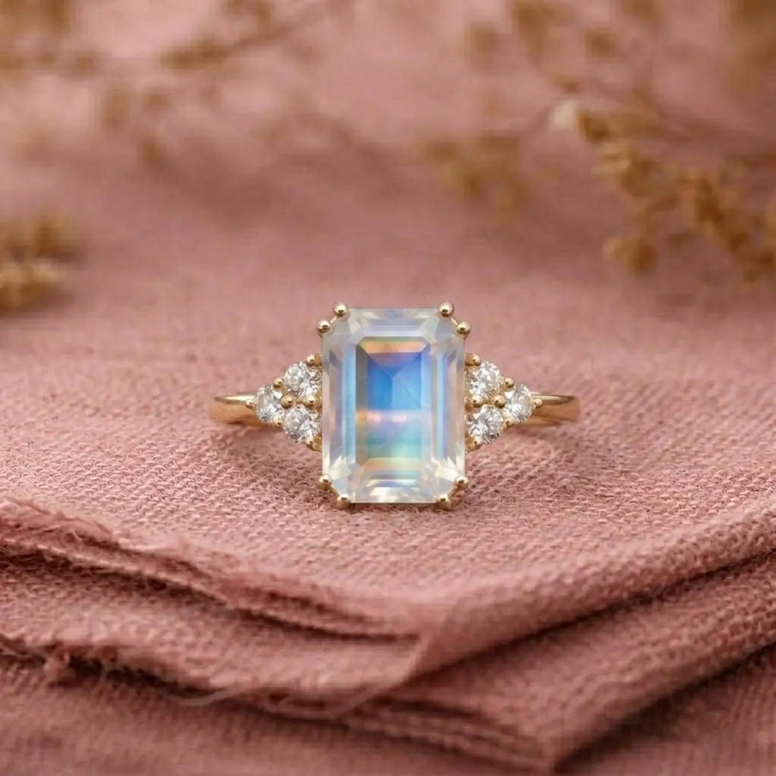 Emerald Cut Moonstone Engagement Ring, Rainbow Moonstone Ring with Diamond Cluster, Handmade Art Deco Promise Ring, Christmas Gift For Her