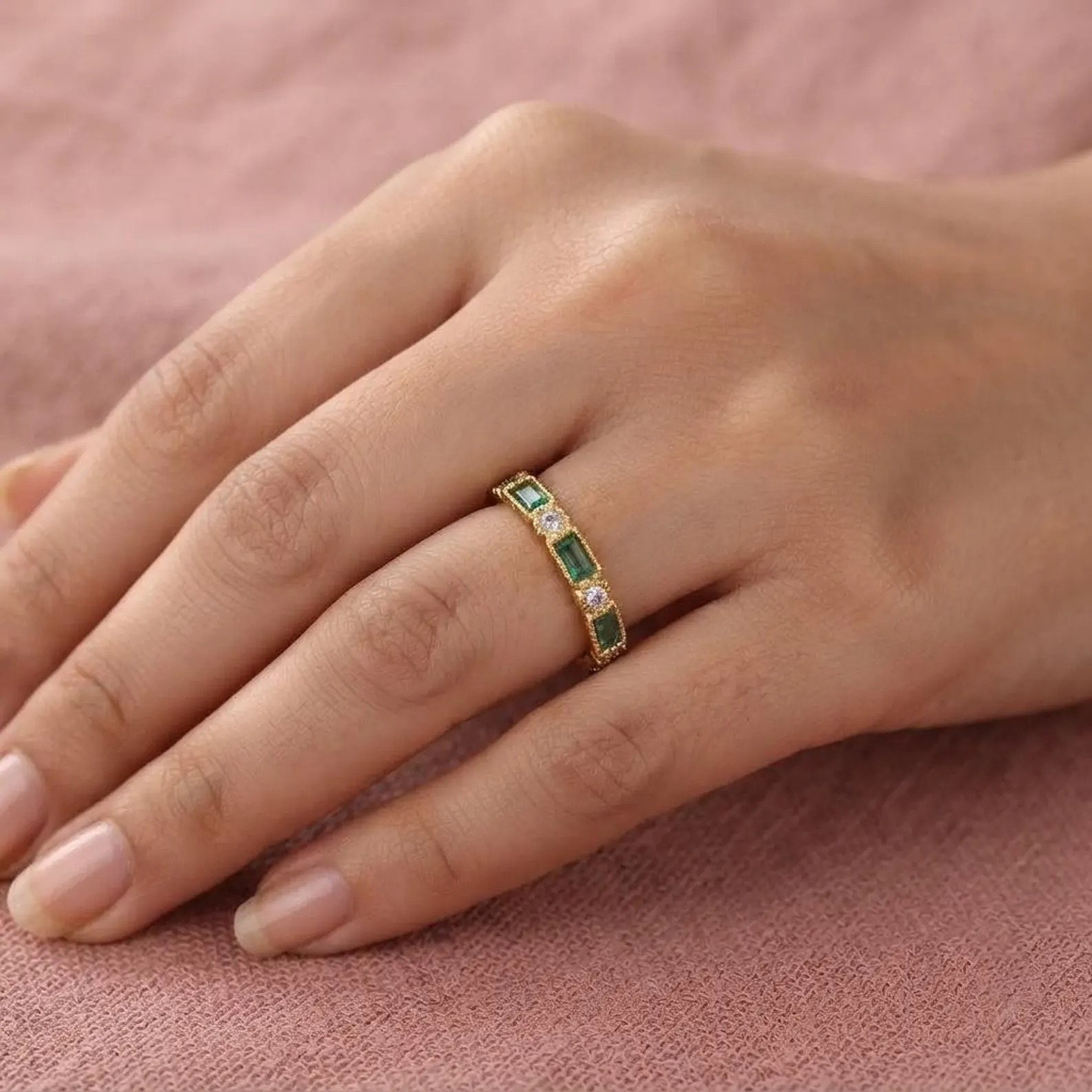 Baguette Emerald Half Eternity Wedding Band, Art Deco Moissanite Ring, Matching Band, Vintage May Birthstone Promise Band, Gift for Her
