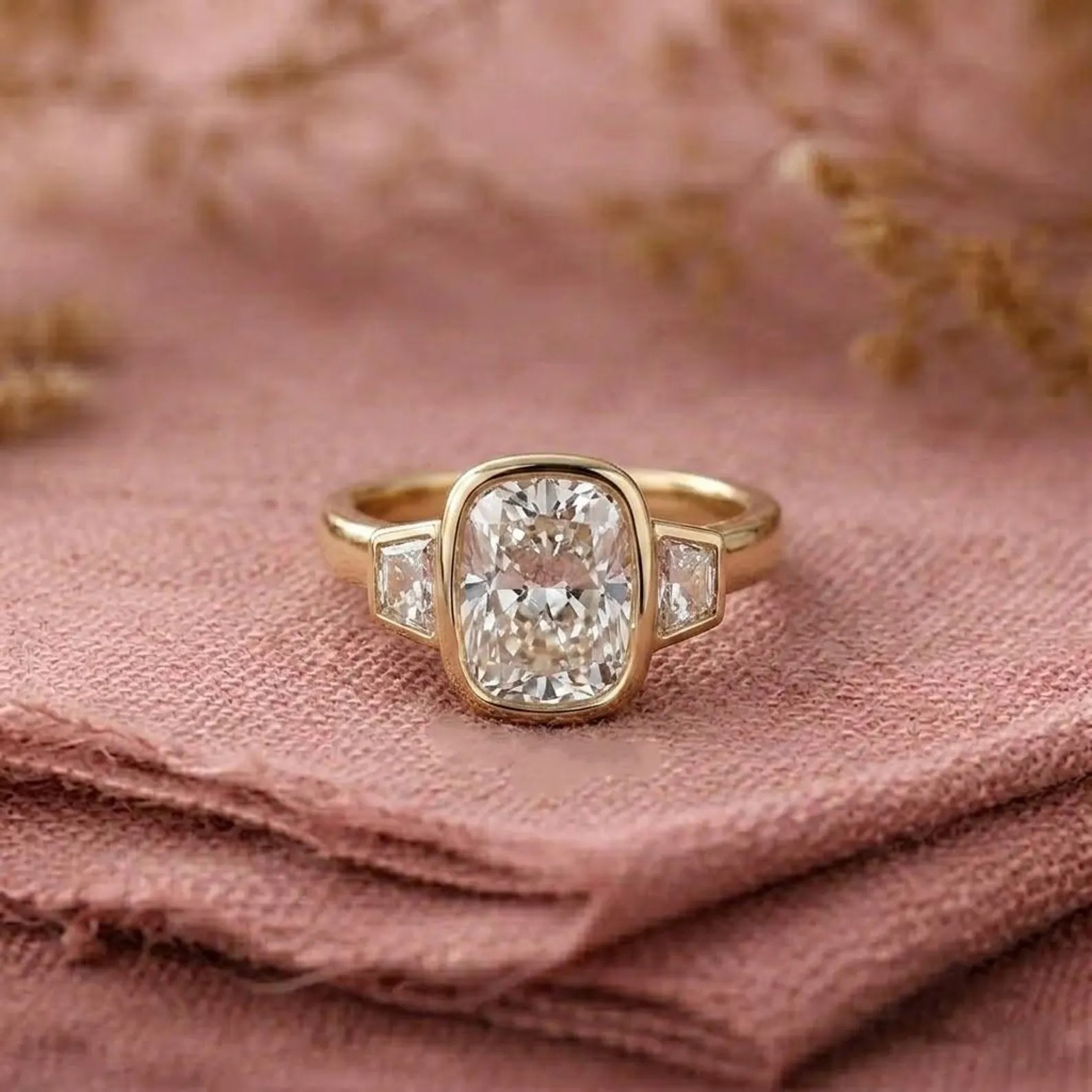 Cushion Cut Moissanite Engagement Ring, Elongated Cushion Diamond Bezel Set Ring, Colorless Gemstone Stacking Ring, Baguette Ring For Women