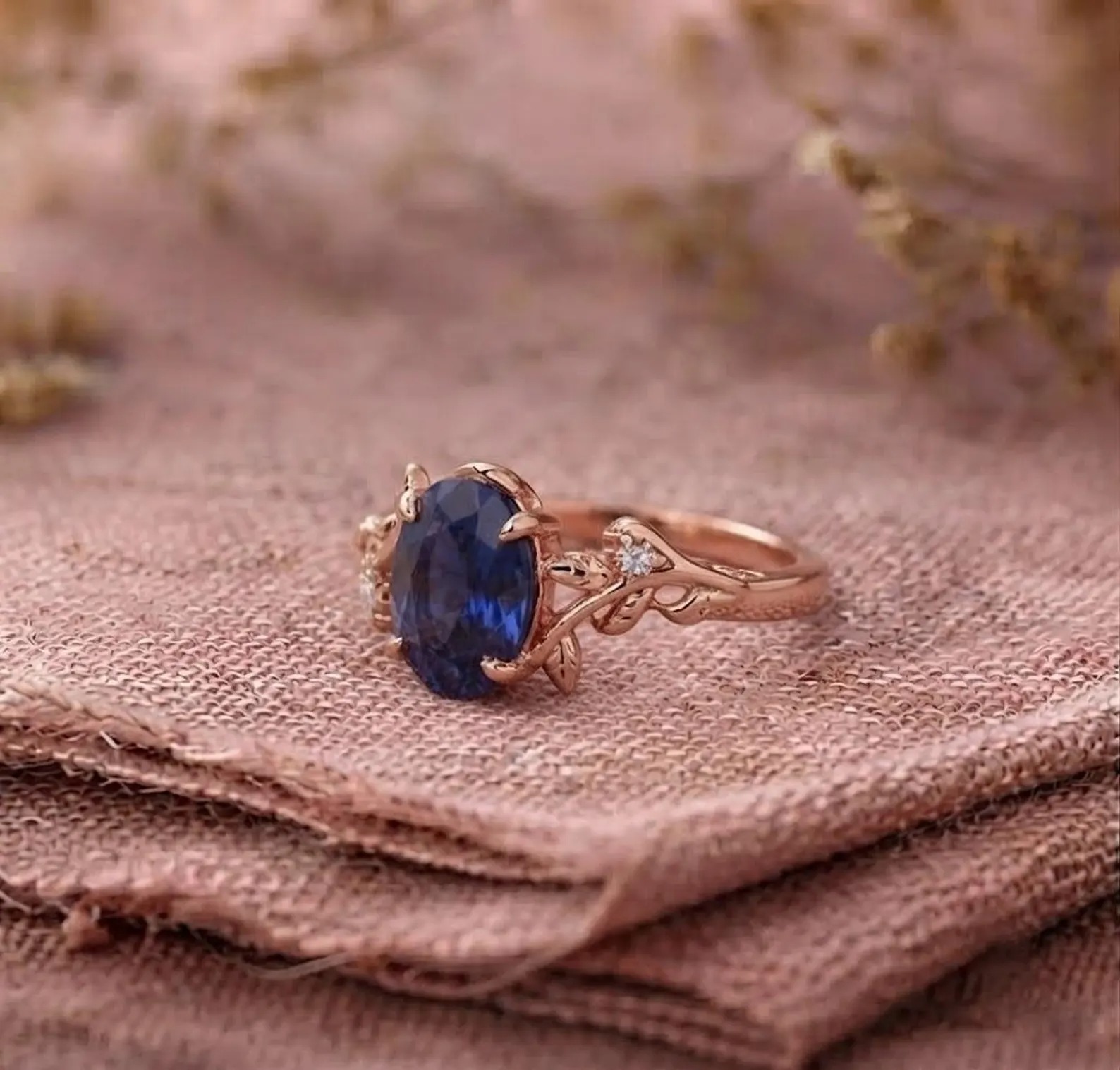 18K Black Gold Oval Cut Blue Sapphire Ring for Wife, Nature Inspired Leaf Ring, Anniversary Gift, Leaf Branch Ring, Vintage Diamond Cluster