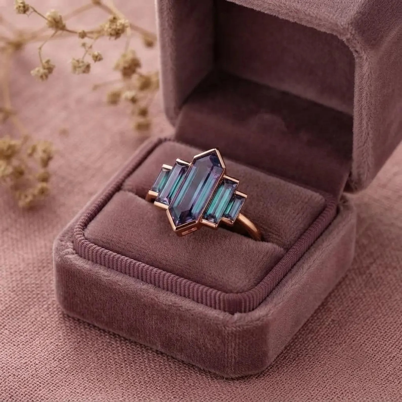 Unique Hexagon Cut Alexandrite Ring Rose Gold Engagement Ring Baguette Cut Bezel set Ring Art Deco Bridal Wedding Anniversary Gift for Her