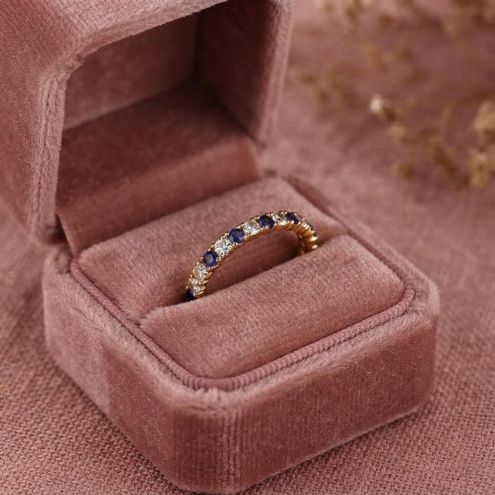 Blue Sapphire Moissanite Wedding Band, White Gold Ring Half Eternity September Birthstone Band, Christmas Gift, Promise Ring, Gift For Her