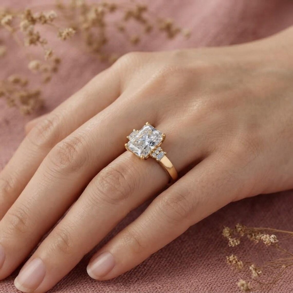 Emerald Cut Moissanite Engagement Ring, Diamond Cluster Accent Dainty Ring, Alternative Baguette Moissanite Ring, Anniversary Gift For Her