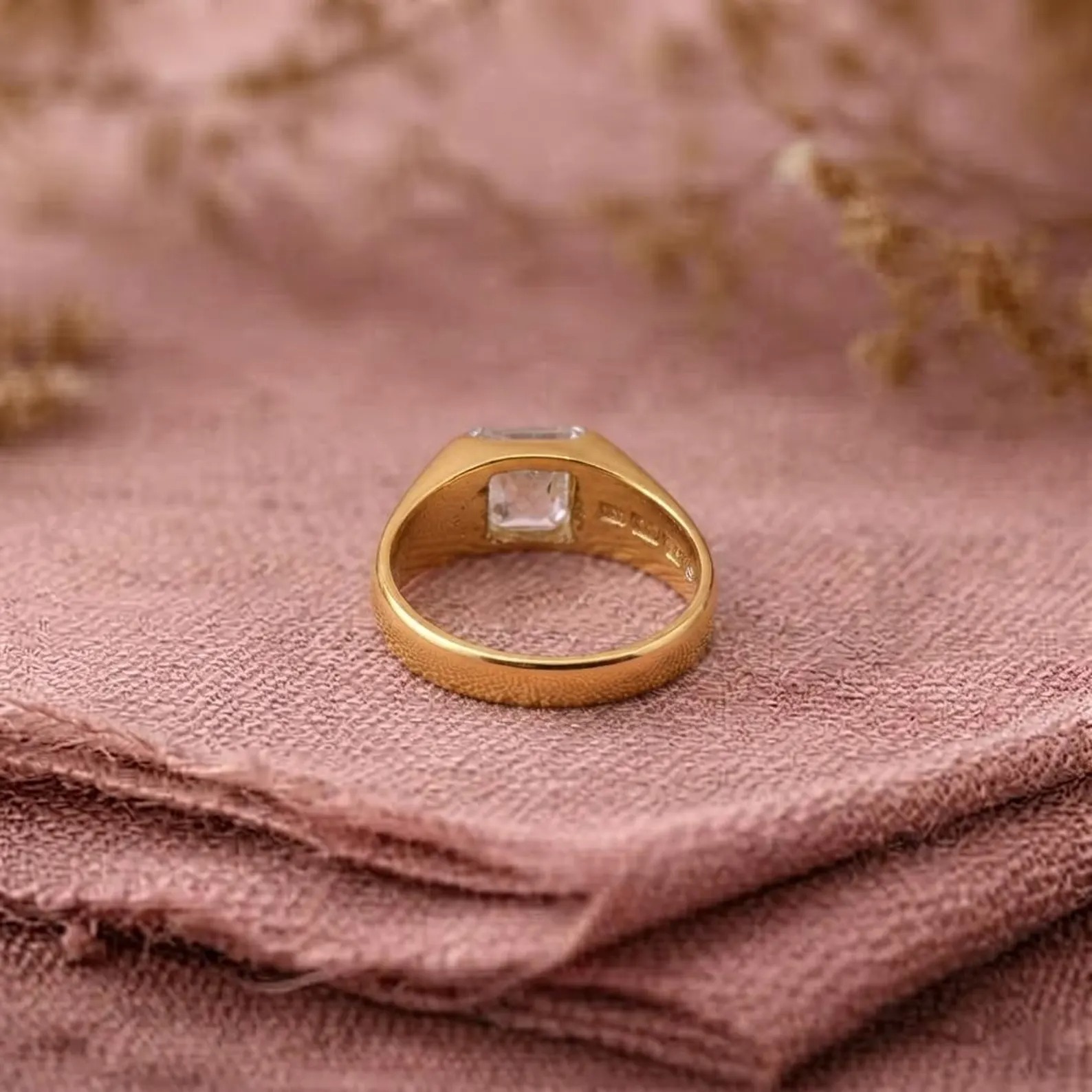 Moissanite Signet Ring, Yellow Gold, Emerald Horizontal Gemstone Rings, 925 Sterling Silver Ring