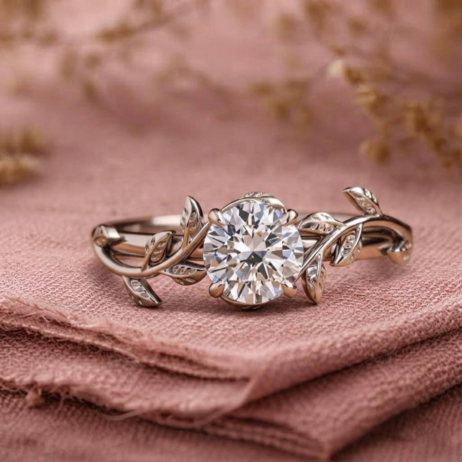 Round Moissanite Leaf Engagement Ring, Sterling Silver Vine Band, Nature Inspired Bridal Wedding Ring, Brilliant Diamond Anniversary Gift