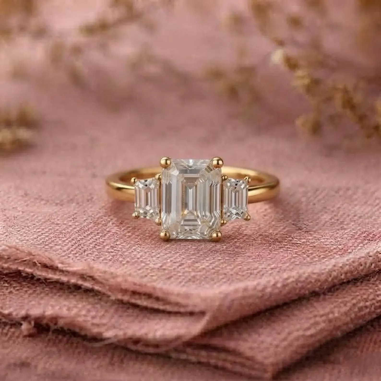 3CT Moissanite Ring, Three Stone Emerald Cut Moissanite Engagement Ring With Solid Gold Baguette Moissanite Wedding Ring, Christmas Gift