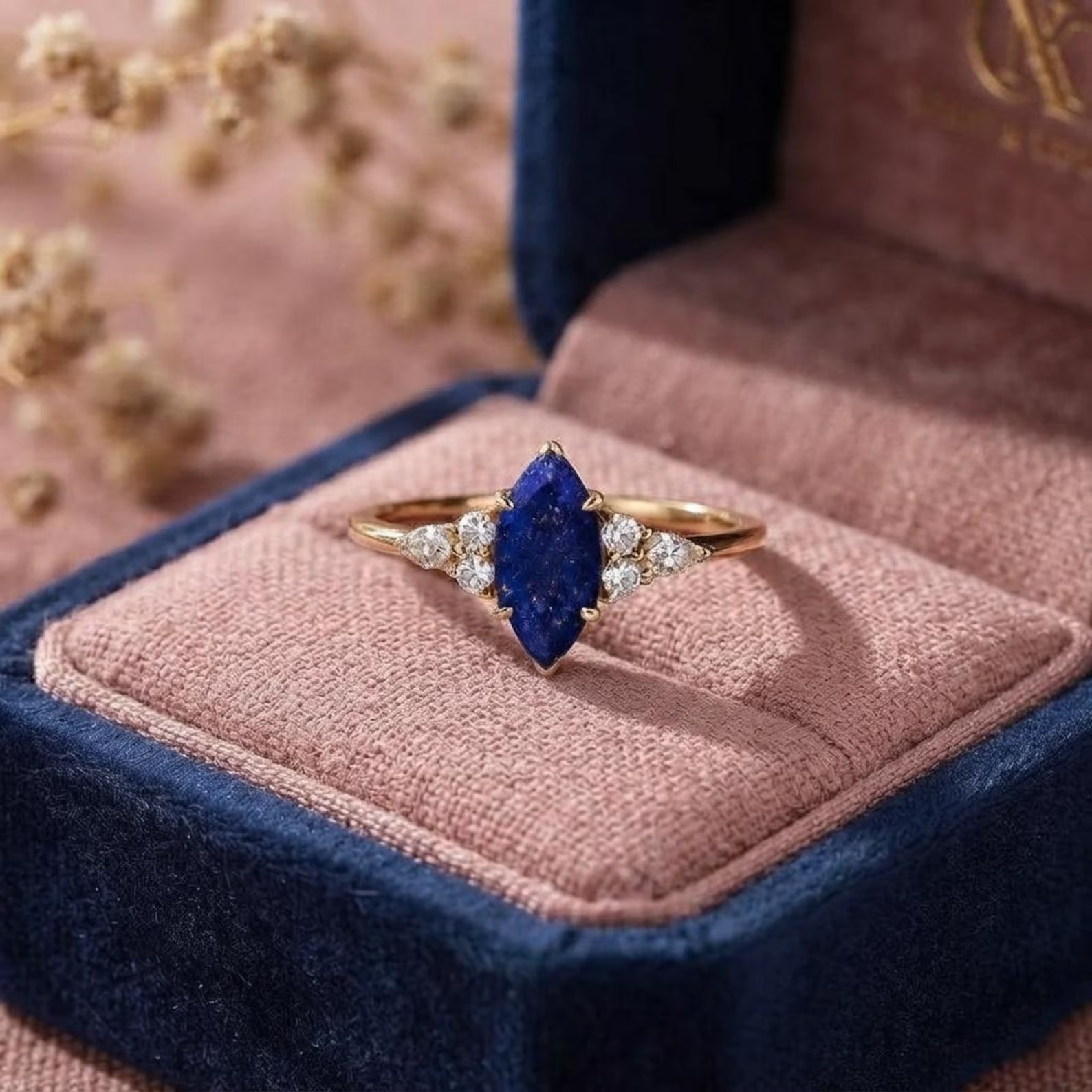 Lapis Lazuli Ring, Marquise Cut Lapis lazuli Statement Ring, Gemstone Ring, Vintage Diamond Cluster Ring, Promise Ring, Natural Lapis Lazuli