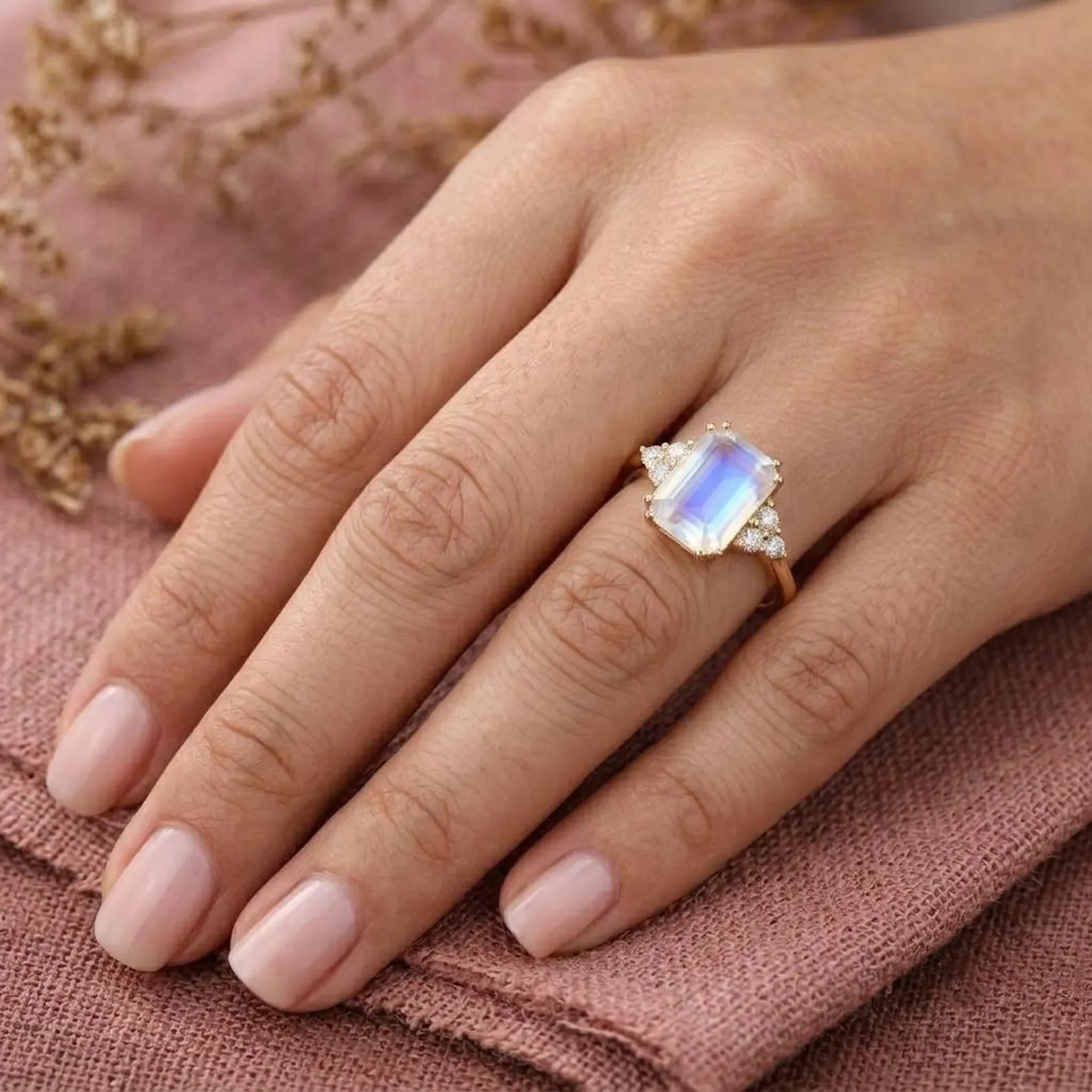 Emerald Cut Moonstone Engagement Ring, Rainbow Moonstone Ring with Diamond Cluster, Handmade Art Deco Promise Ring, Christmas Gift For Her