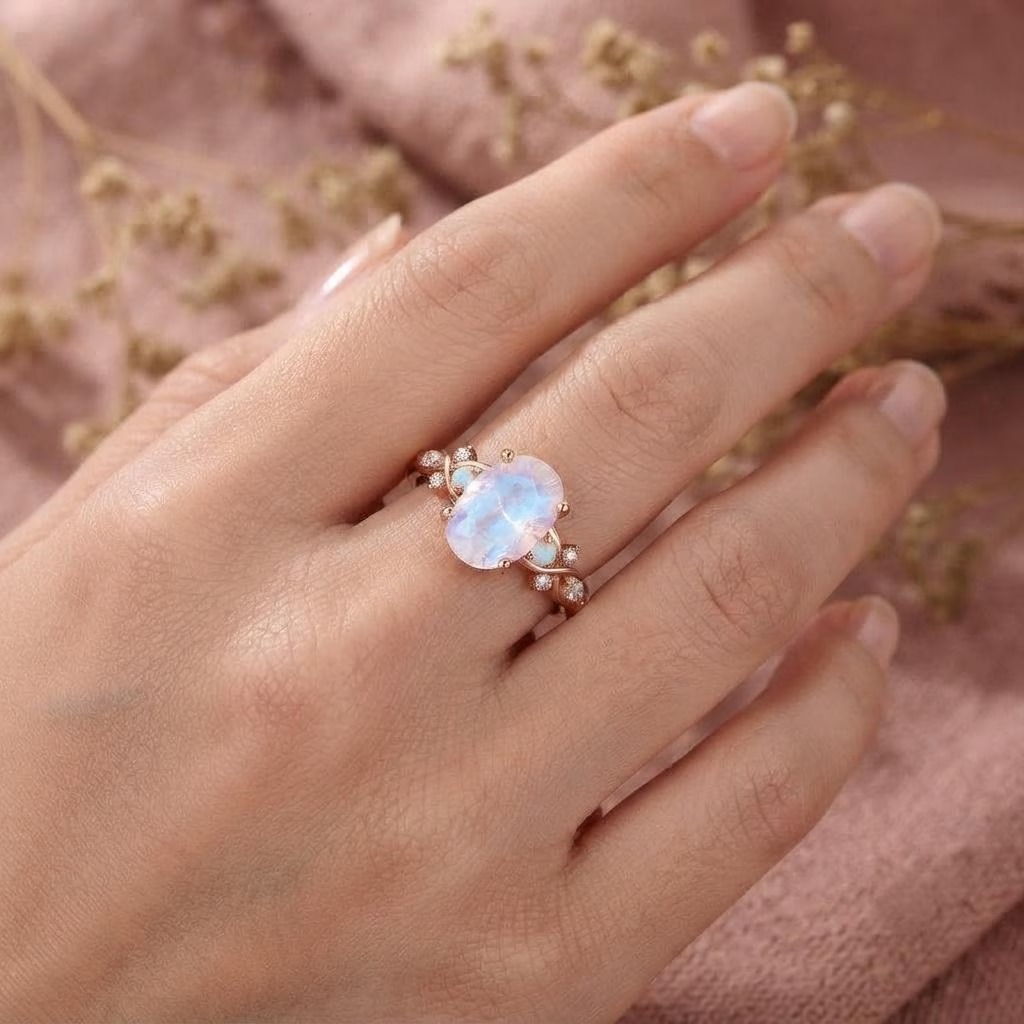 Vintage Oval Moonstone Ring 14K Solid Gold Moonstone Gemstone Engagement Ring Unique Opal Moissanite Promise Ring Anniversary Gift For Her