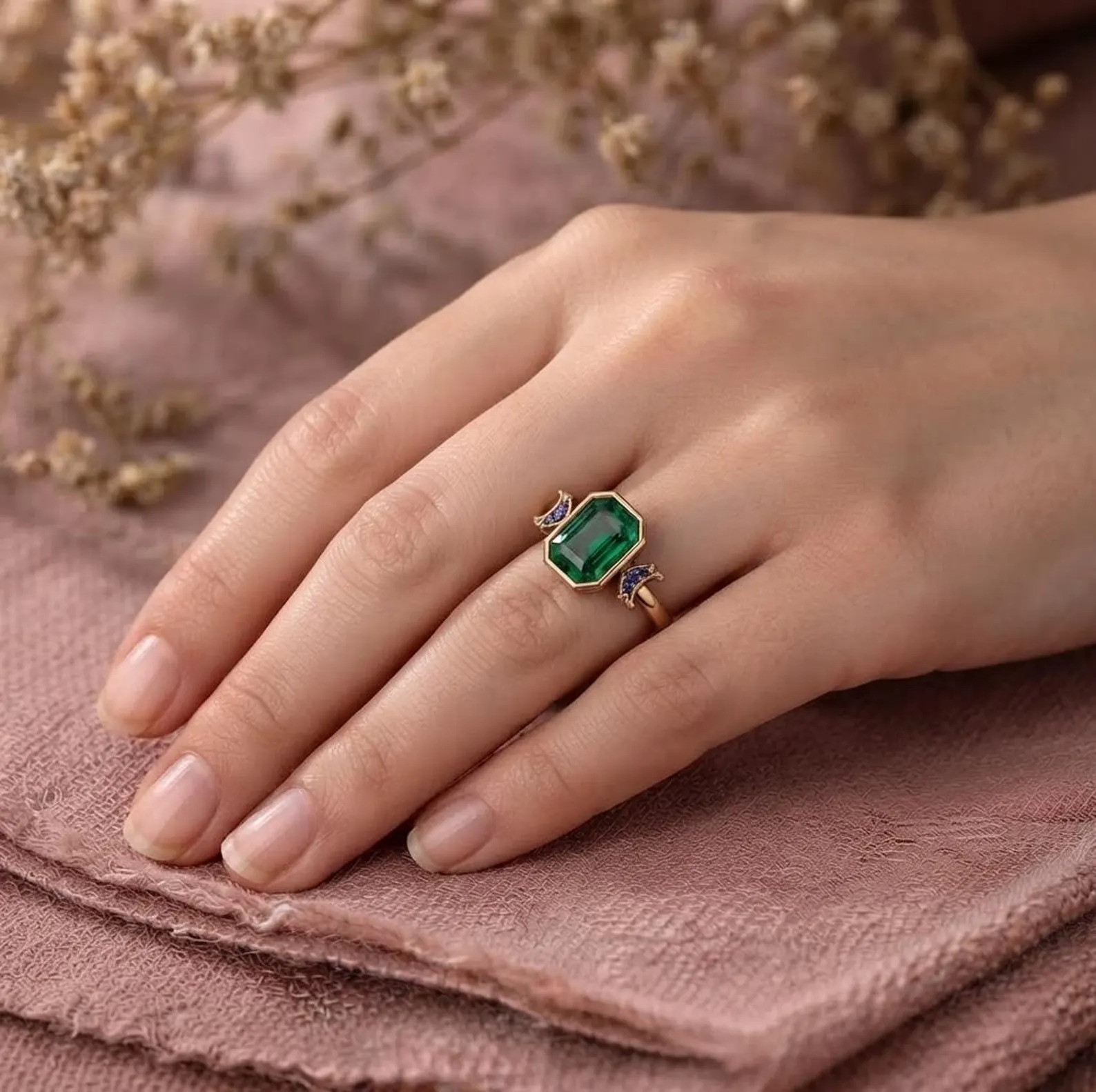 Green Emerald Ring, Green Gemstone Ring, Emerald Cut Engagement Ring, Vintage Ring, Blue Accent Ring, Promise Ring, Anniversary Gift For Her