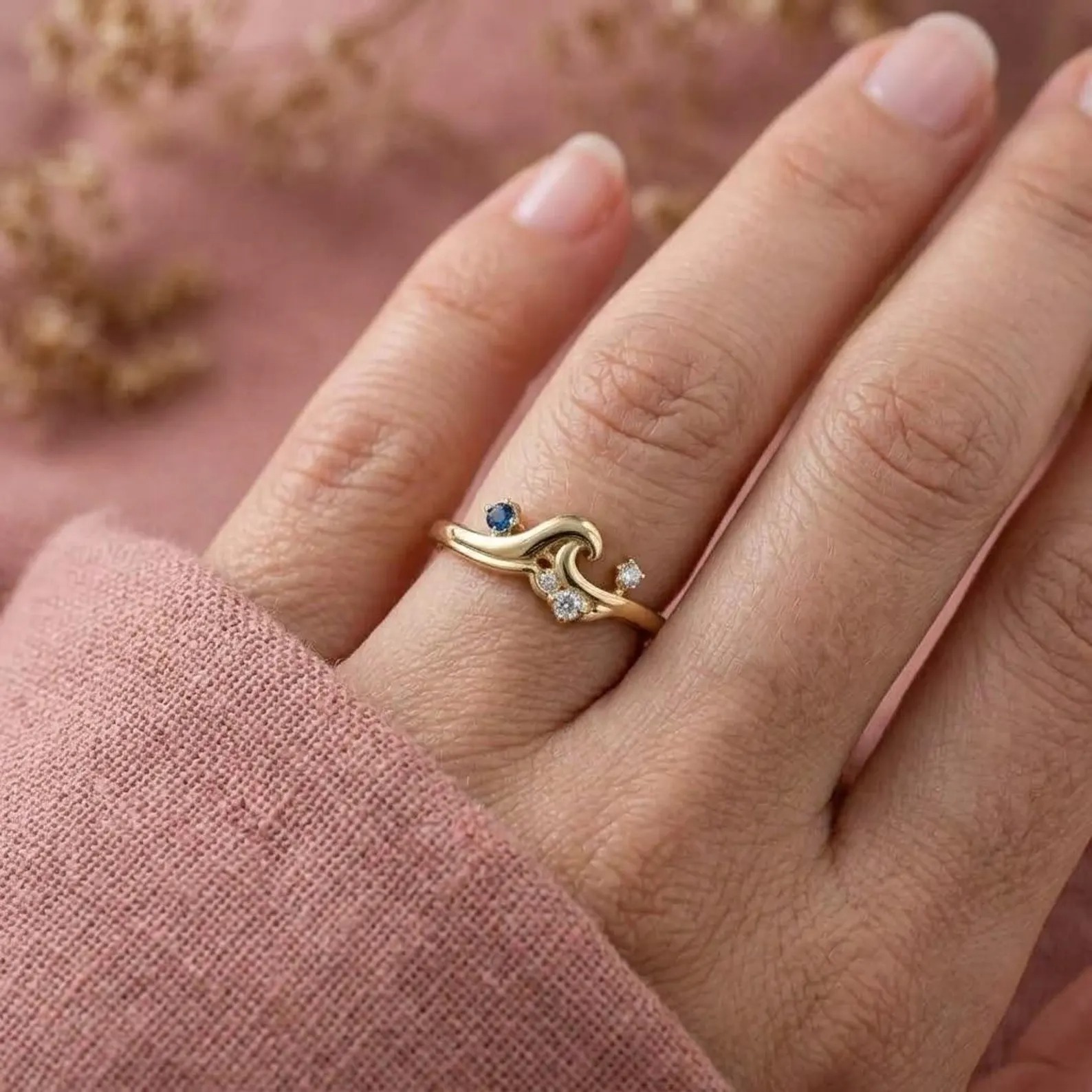 Ocean Wave Sapphire Ring, Blue Sapphire Engagement Ring, Gold Wave Ring, Minimalist Promise Ring, Beach Lover Gift, Dainty Diamond Ring